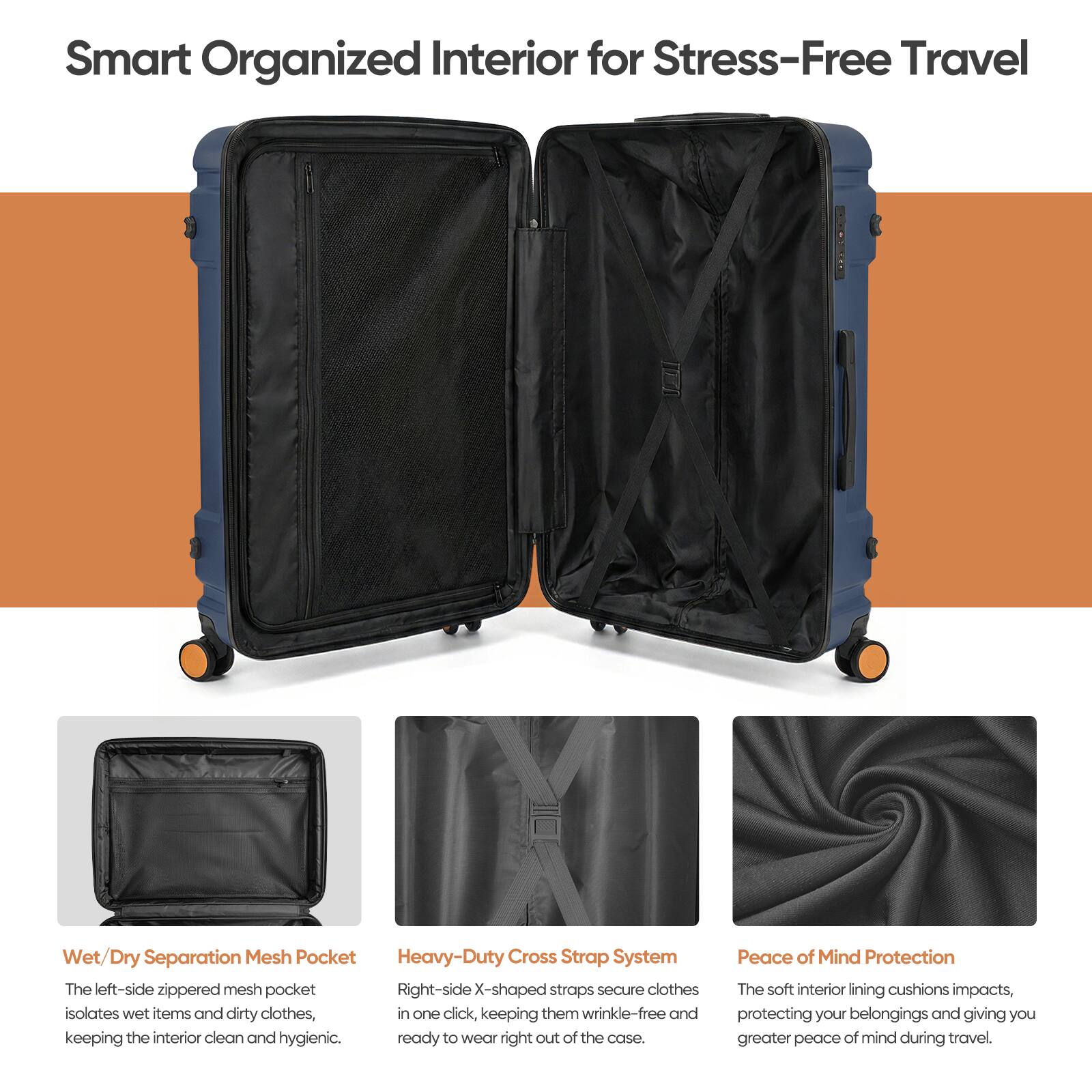 Smart Organized Interior for Stress-Free Travel

Wet/Dry Separation Mesh Pocket
The left-side zippered mesh pocket isolates wet items and dirty clothes, keeping the interior clean and hygienic.

Heavy-Duty Cross Strap System
Right-side X-shaped straps secure clothes in one click, keeping them wrinkle-free and ready to wear right out of the case.

Peace of Mind Protection
The soft interior lining cushions impacts, protecting your belongings and giving you greater peace of mind during travel.