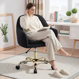 Brick Attic - Vanity Chair with Wheels, Ergonomic Home Office Desk Chairs,Adjustable Velvet Swivel Makeup Stool for Living Room - Black