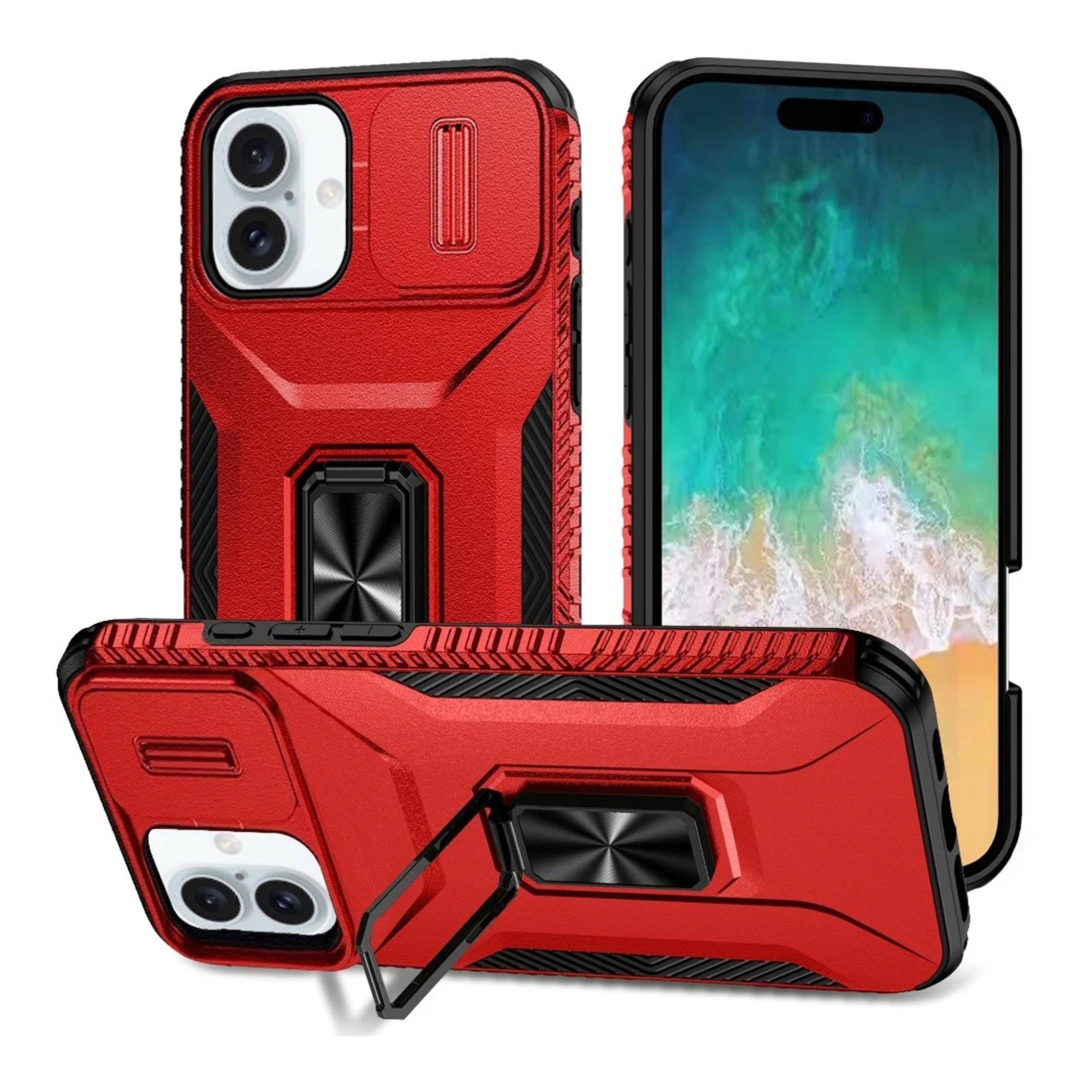 Front. Kitcheniva - Complete Protection Magnetic Stand Phone Case With Tempered Glass For iPhone 16 Plus Red - Red.