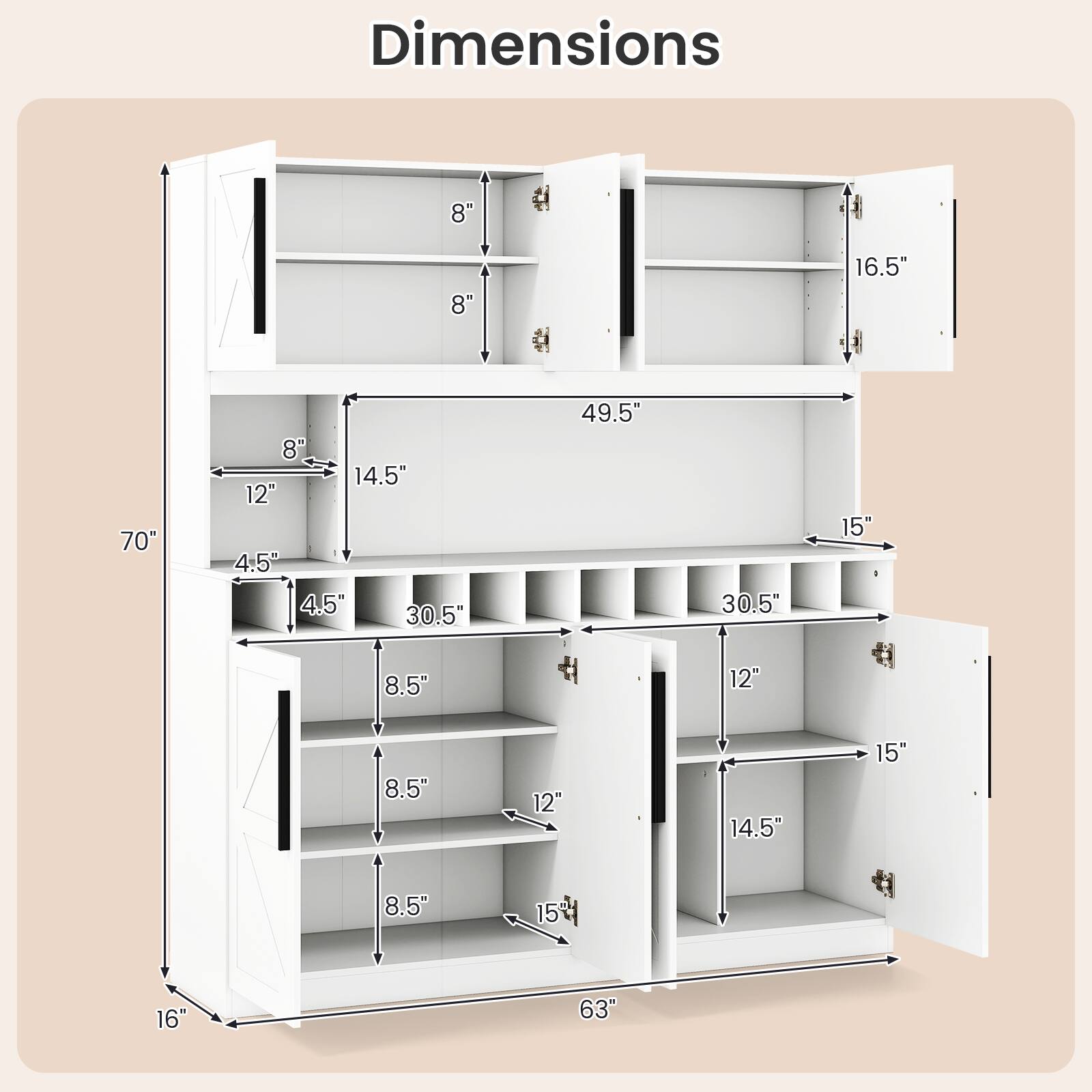 Dimensions:  
- 8"  
- 8"  
- 16.5"  
- 70"  
- 8"  
- 14.5"  
- 12"  
- 4.5"  
- 30.5"  
- 49.5"  
- 30.5"  
- 15"  
- 8.5"  
- 12"  
- 8.5"  
- 12"  
- 14.5"  
- 15"  
- 8.5"  
- 15"  
- 16"  
- 63"