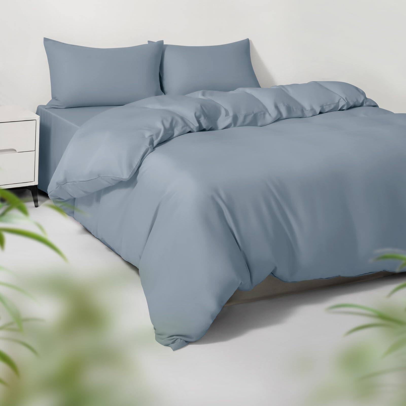Front. Earthley Blooms - Kingcal King Duvet Cover Set Viscose Derived From 3 Pieces 1 Zipper Closure And 2 Pillowcases - Mineral Blue-King/Cal King.