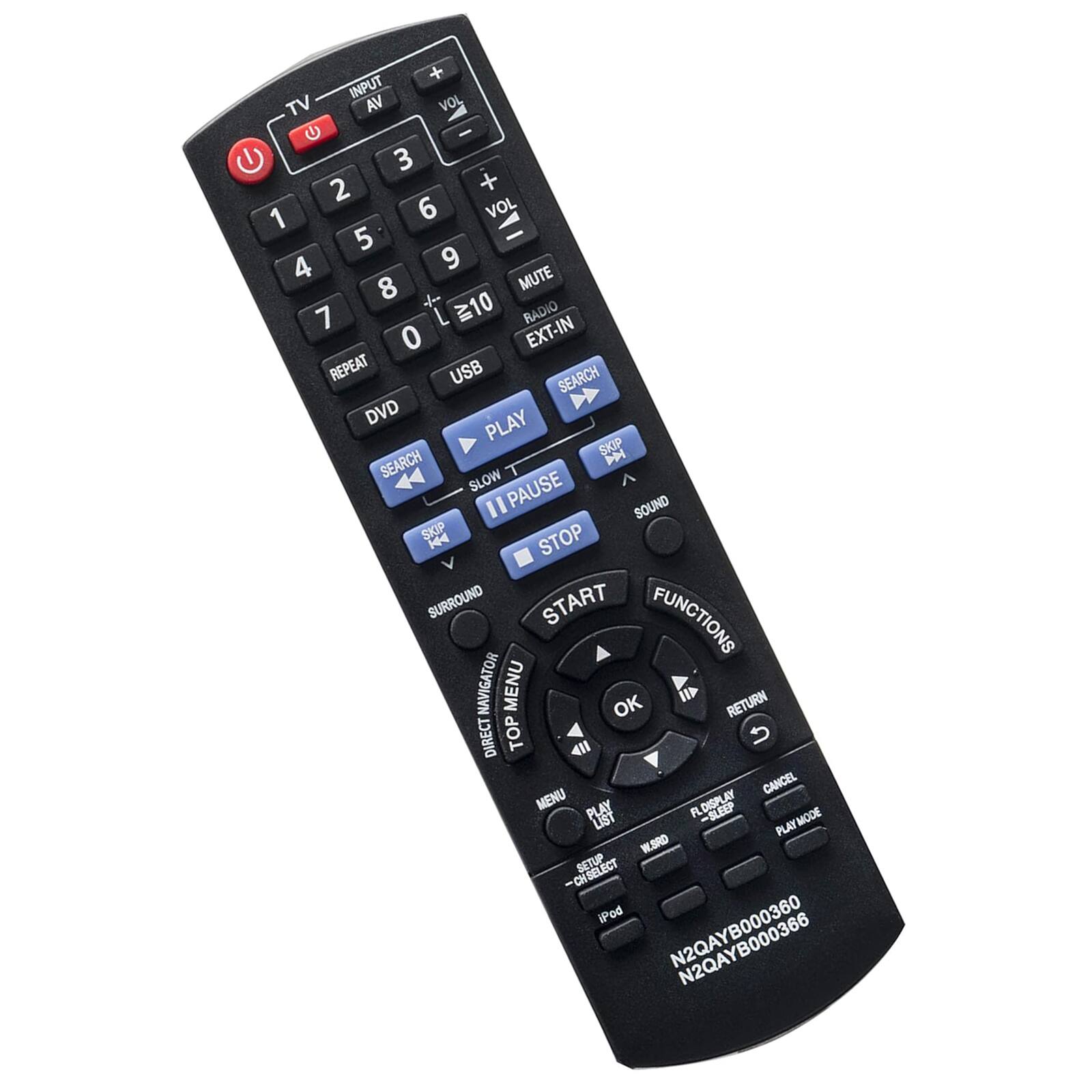 - TV
- INPUT AV
- VOL
- 1 2 3 4 5 6 7 8 9 0
- VOL
- MUTE
- RADIO EXT-IN
- USB
- DVD
- PLAY
- STOP
- SLOW
- PAUSE
- SKIP
- SEARCH
- SURROUND
- START
- FUNCTIONS
- DIRECT NAVIGATOR
- TOP MENU
- RETURN
- CANCEL
- MENU
- PLAY LIST
- FLUORANT
- CH SELECT
- iPod
- SETUP
- N2QAYB000366