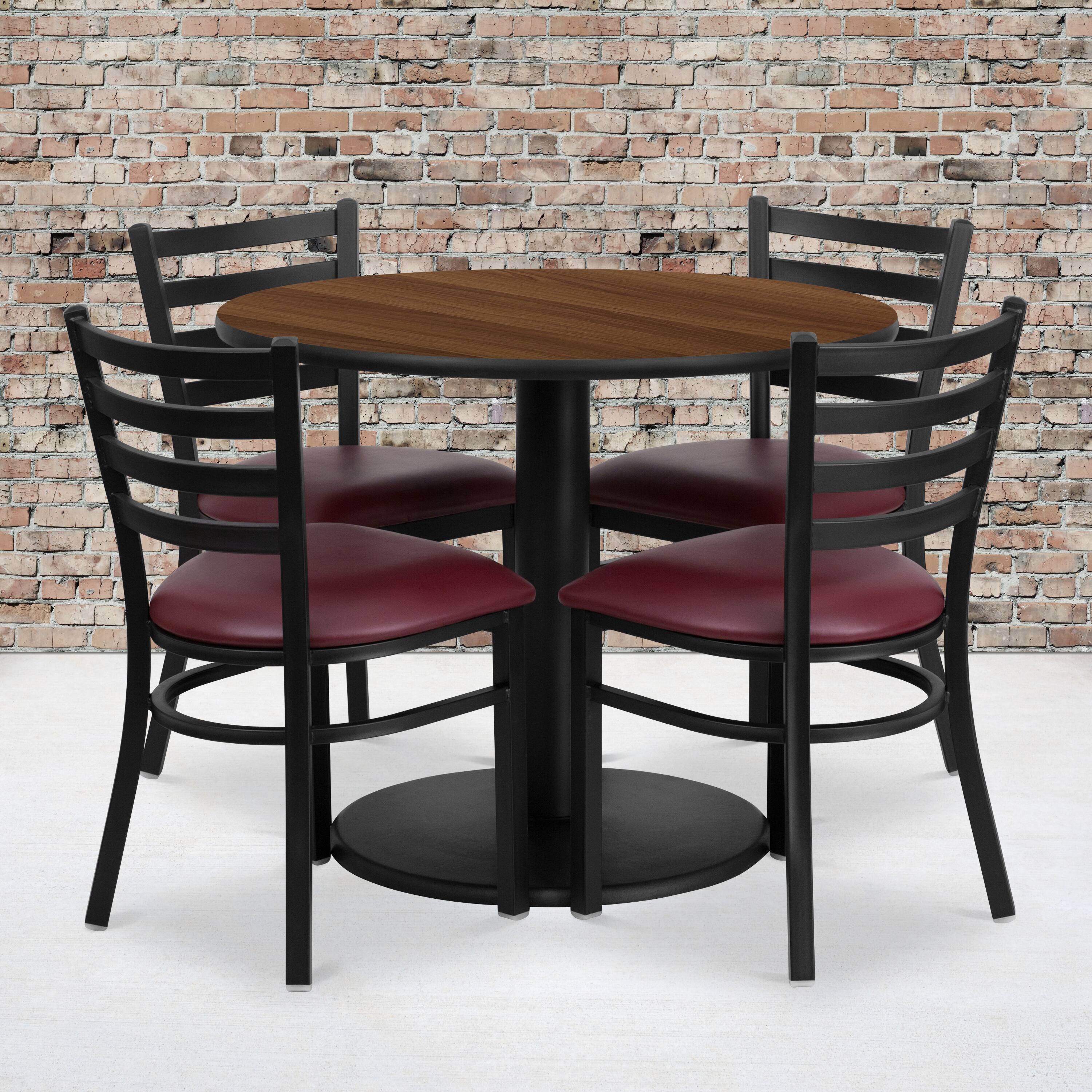 Alt View 1. Emma + Oliver - 36" Round Laminate Table Set with 4 Ladder Back Metal Chairs - Walnut Top/Burgundy Vinyl Seat.