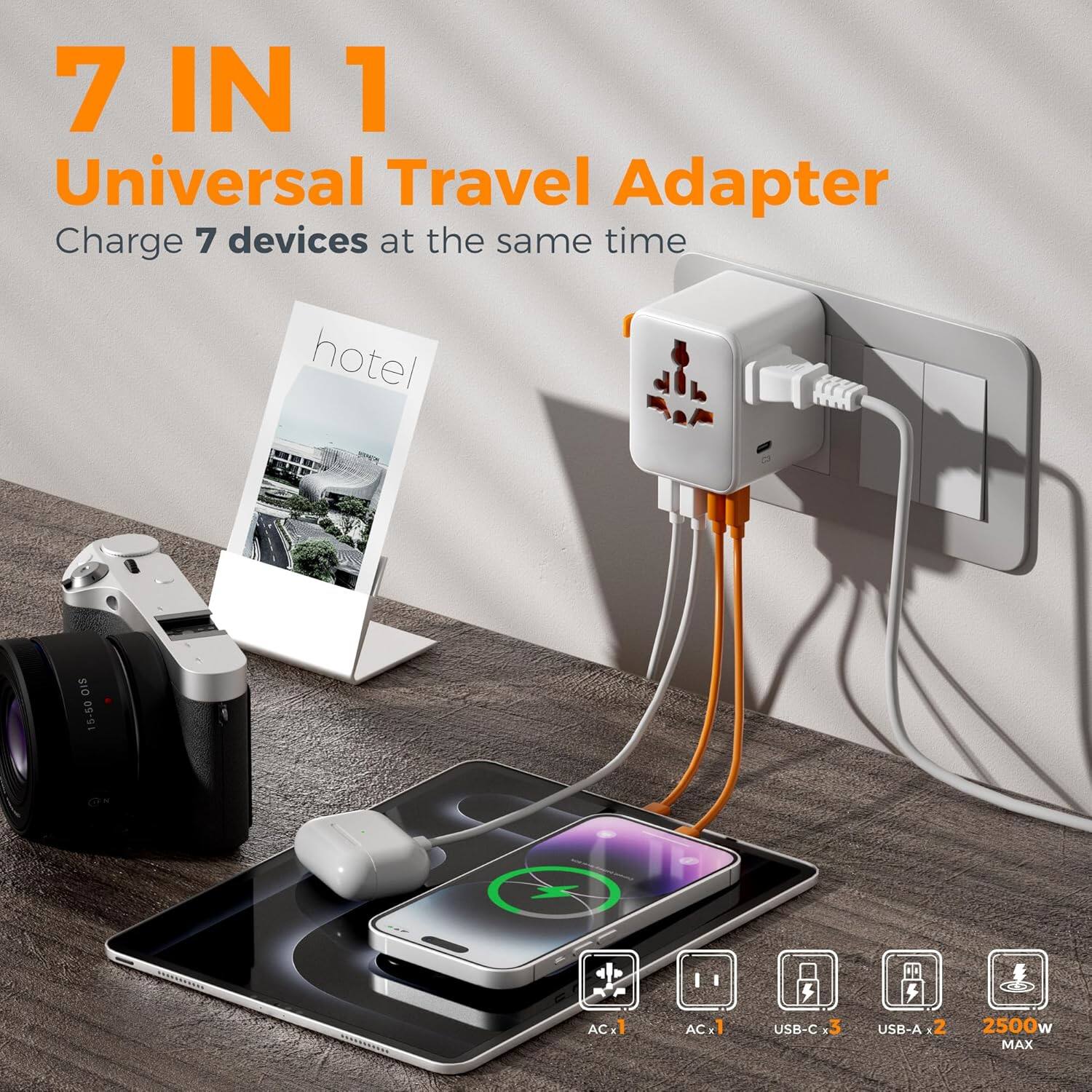 7 IN 1 Universal Travel Adapter  
Charge 7 devices at the same time  
hotel  
OIS 15-50  
AC+1 AC1 USB-C 3 USB-A 2  
2500w MAX