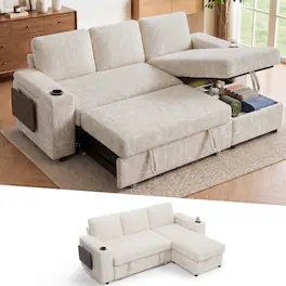Dyonery - 85" Modular Sectional Sleeper Sofa with Pull Out Bed, Chenille Couch with Storage/USB Ports/Cup Holders/Side Table - Beige