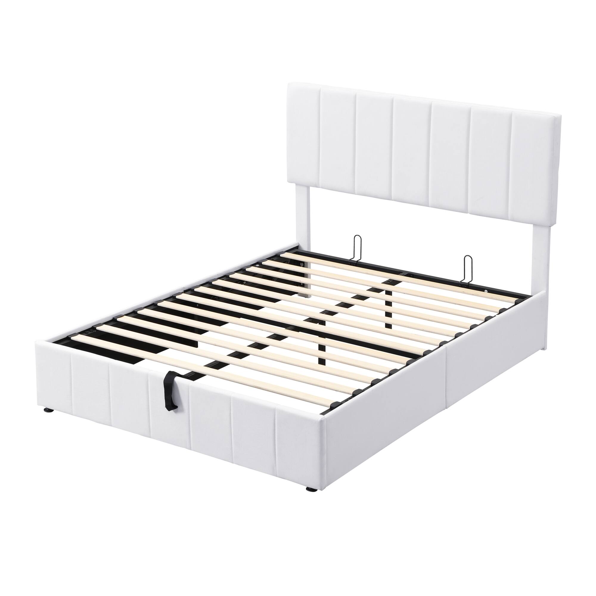 Alt View 1. GOODSILO - Full Size Upholstered Platform Bed with Hydraulic Storage System and Wooden Slat Support - White.
