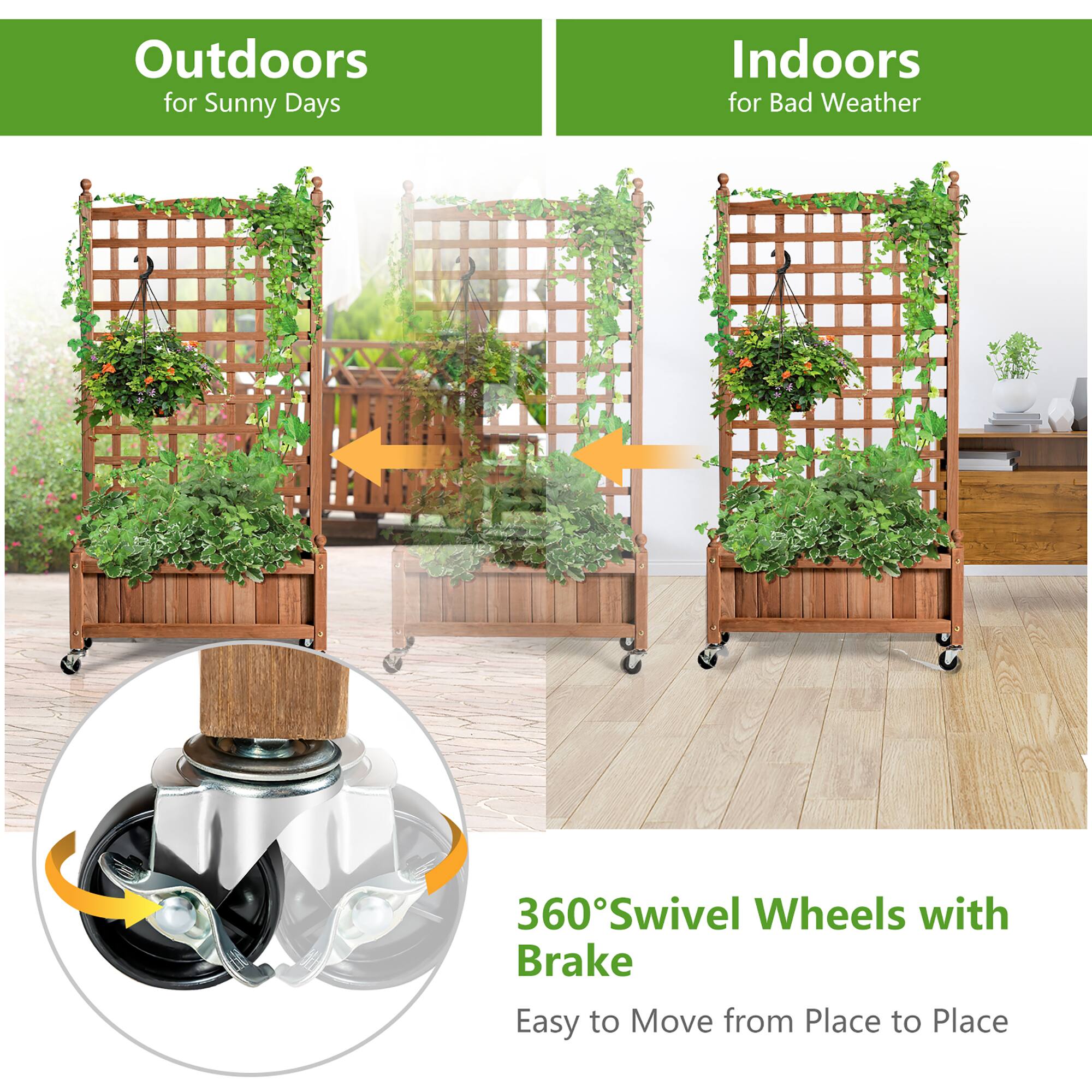 Outdoors for Sunny Days: 360Swivel Wheels with Brake Easy to Move from Place to Place
Indoors for Bad Weather: 360Swivel Wheels with Brake Easy to Move from Place to Place