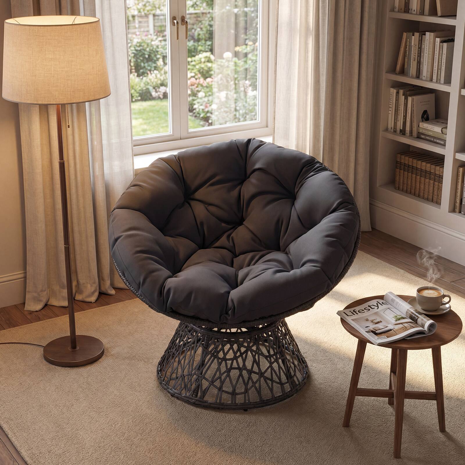 Alt View 1. Gymax - Gymax 360-DegreeSwivel Papasan Chair Round Wicker Lounge Chair w/Thick Cushion&Metal Frame Gray - Grey.