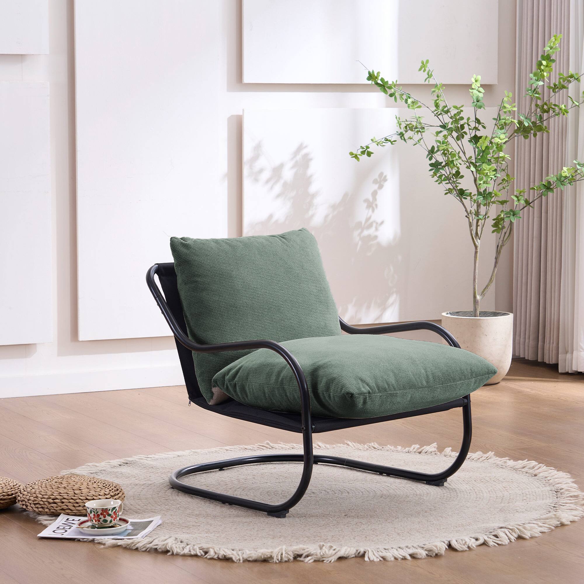 Left. FERPIT - FERPIT Modern Curved Accent Chair with Faux Linen Upholstery, Comfy Lounge Chair with Metal Frame & Cushions, Green - Green.