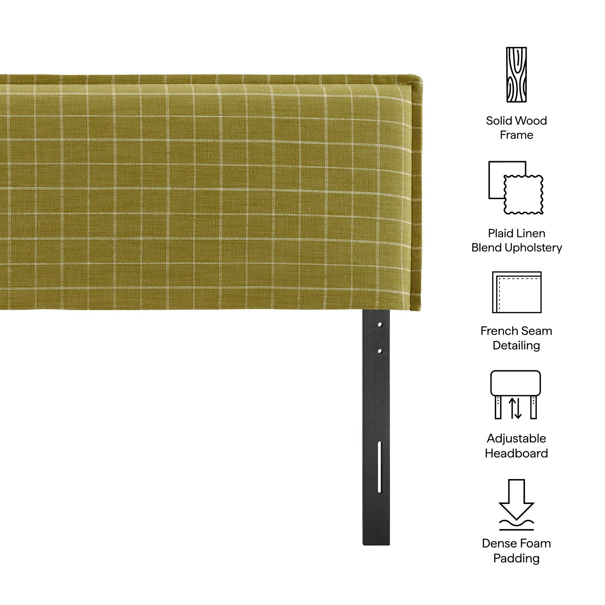 Solid Wood Frame  
Plaid Linen Blend Upholstery  
French Seam Detailing  
Adjustable Headboard  
Dense Foam Padding