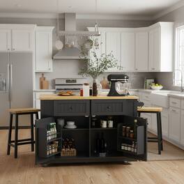 Forest'nSky - 48" Rolling Kitchen Island with Drop Leaf, Power Outlet, Internal Storage Rack, and 5 Open Side Racks - Black
