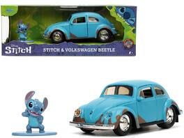 Jada - Volkswagen Beetle Weathered with Stitch Figure Lilo and Stitch 2002 Movie Hollywood Rides 1/32 - Matt Blue