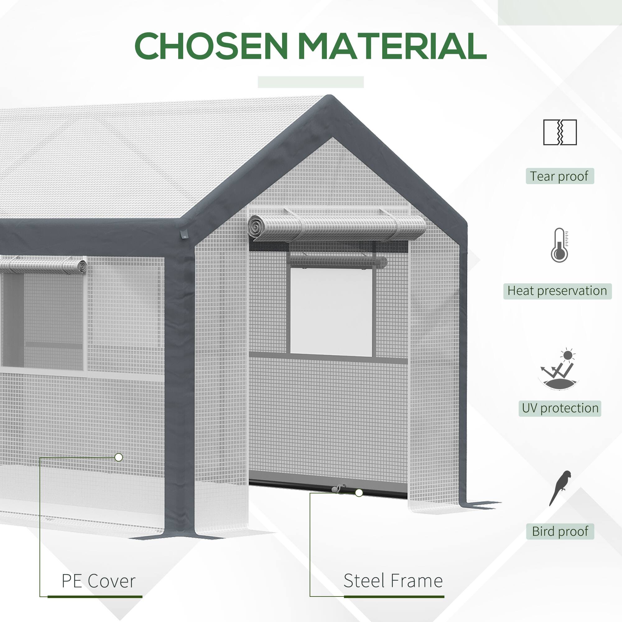 CHOSEN MATERIAL

PE Cover
Steel Frame

Tear proof
Heat preservation
UV protection
Bird proof
