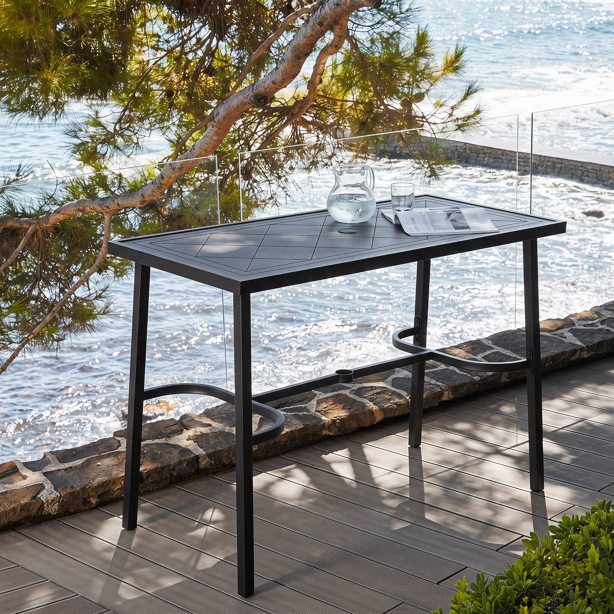 Angle. Nuu Garden - Metal Rectangular Outdoor Bar Table with Diamond-Patterned Tabletop - Black.