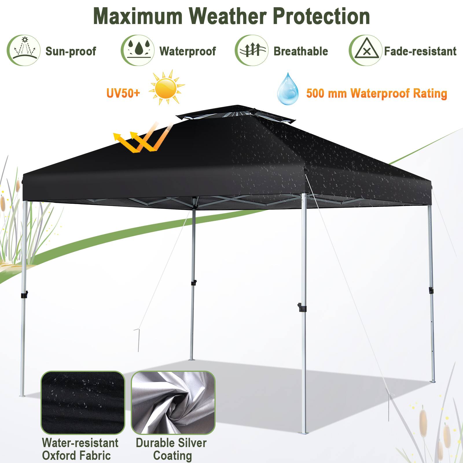 Maximum Weather Protection

- Sun-proof
- Waterproof
- Breathable
- Fade-resistant
- UV50+
- 500 mm Waterproof Rating

Features:
- Water-resistant
- Durable Silver Oxford Fabric Coating