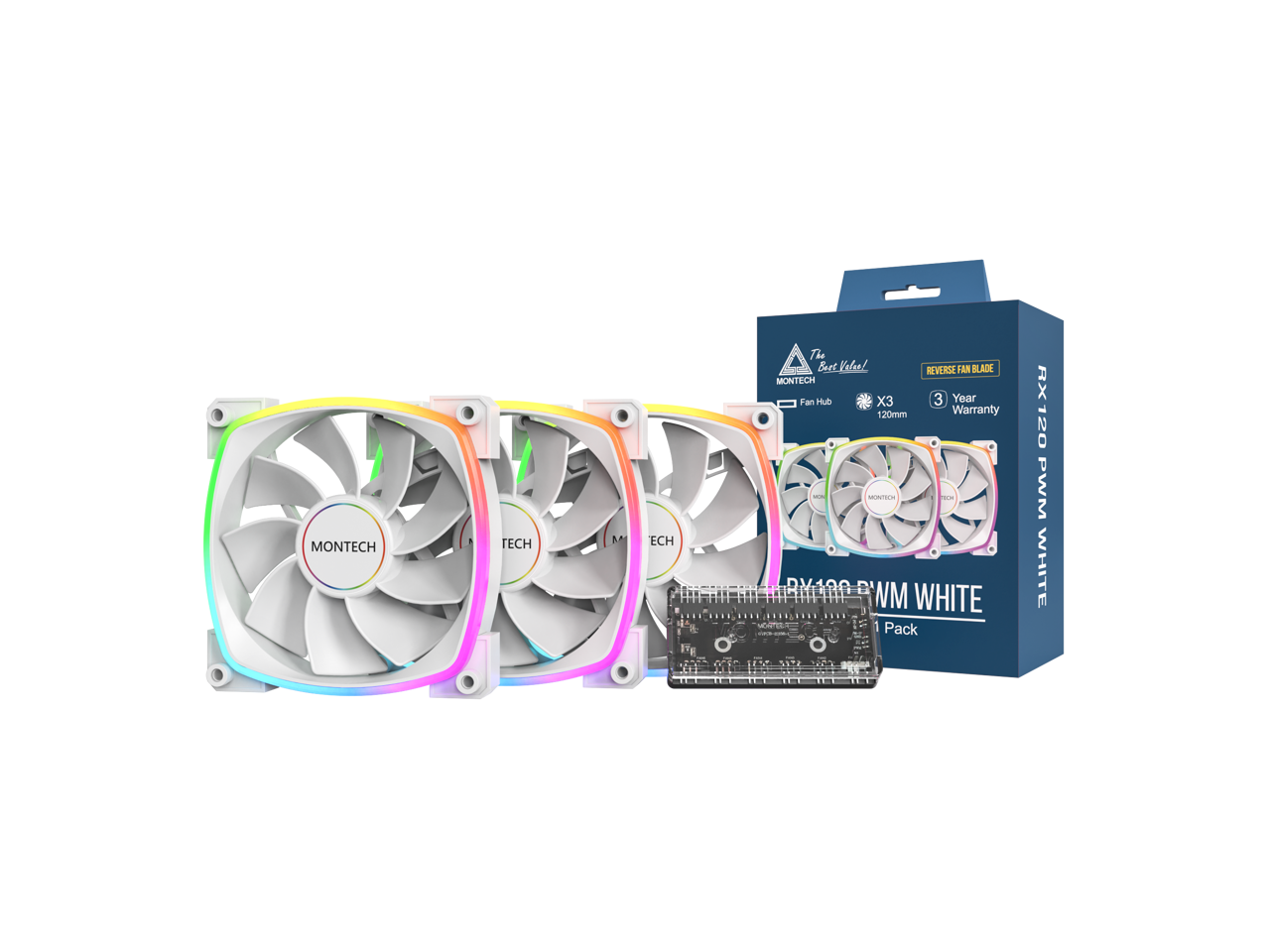 Montech - RX 120MM PWM Reverse Fan - Silent, High Speed, ARGB Lighting + 6X6 Hub - White