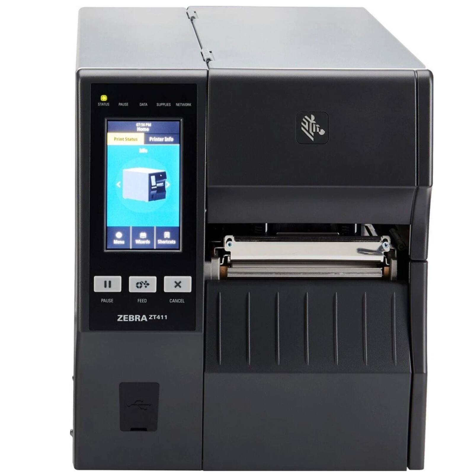 STATUS PAUSE DATA SUPPLIES NETWORK  
07:36 PM  
Home  
Print Status Printer Info  
- -icards  
Shortcuts  
PAUSE FEED CANCEL  
ZEBRA ZT411