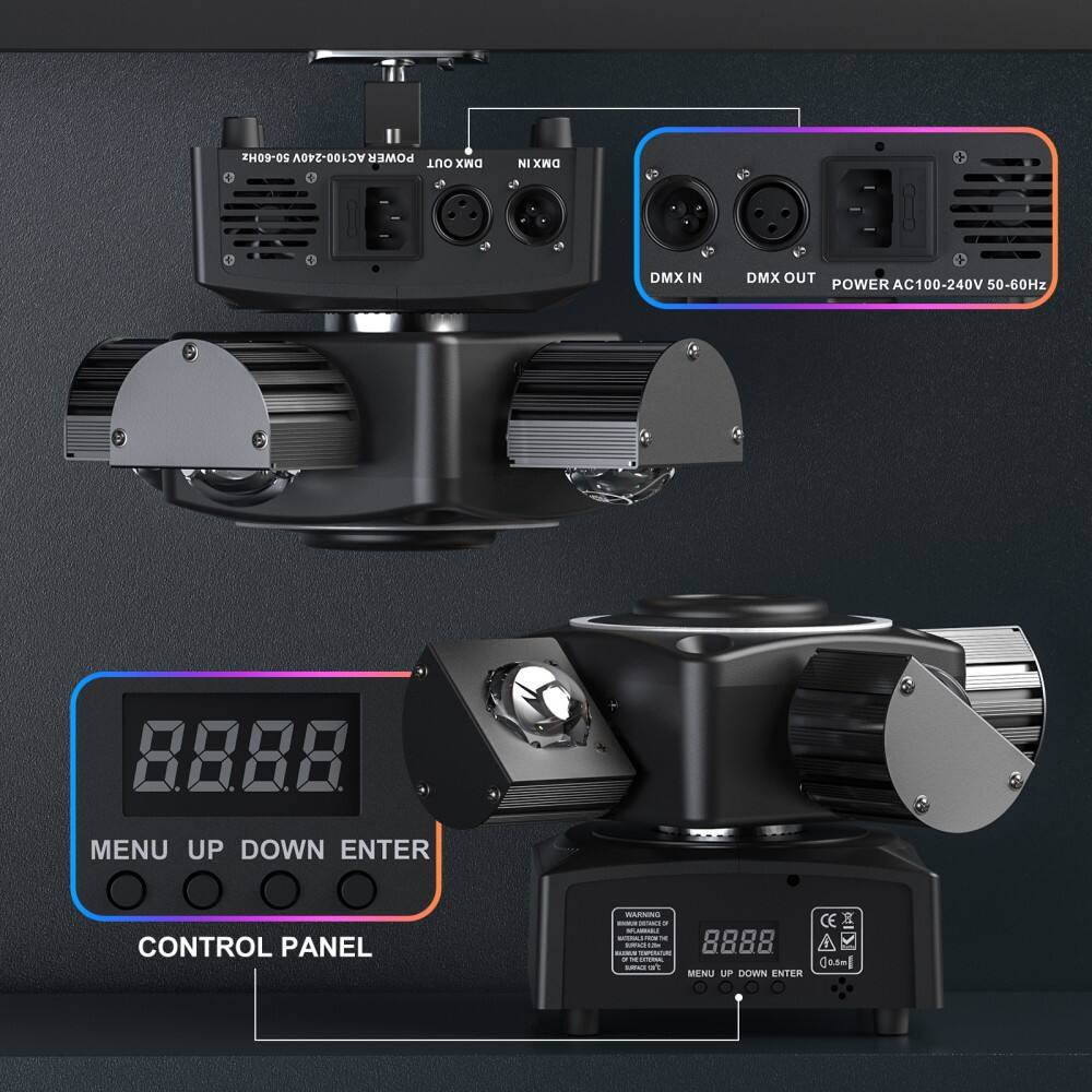 H409-09  
AC100-240V POWER OUT  
DMX IN  
DMX OUT  
POWER AC100-240V 50-60Hz  

DMX IN  
DMX OUT  
POWER AC100-240V 50-60Hz  

8888  
MENU UP DOWN ENTER  

CONTROL PANEL  
MENU UP DOWN ENTER