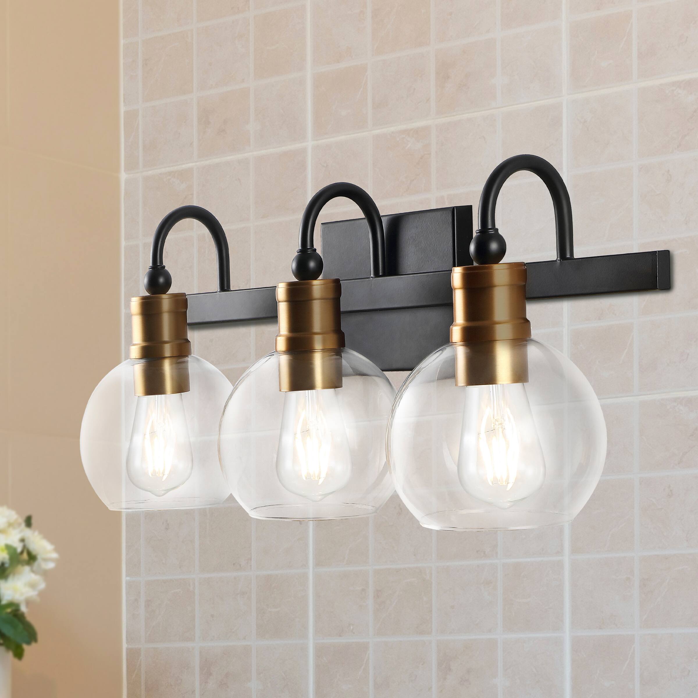 Alt View 1. Jonathan Y - Marais 21.5" 3-Light Iron/Glass Rustic Vintage LED Vanity Light, Black/Brass Gold - Black/Brass Gold.