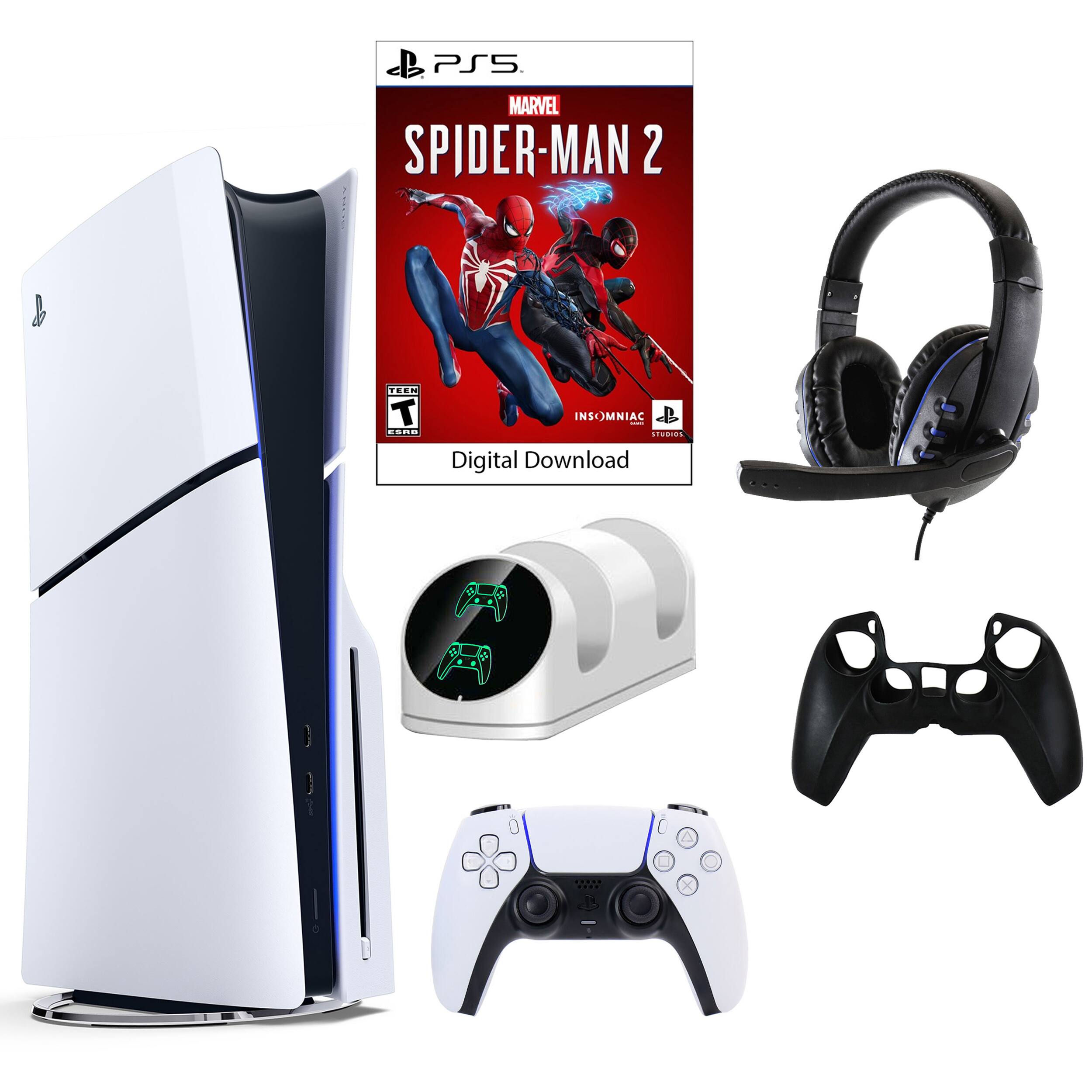 PS5 Marvel Spider-Man 2 game and accessories.
