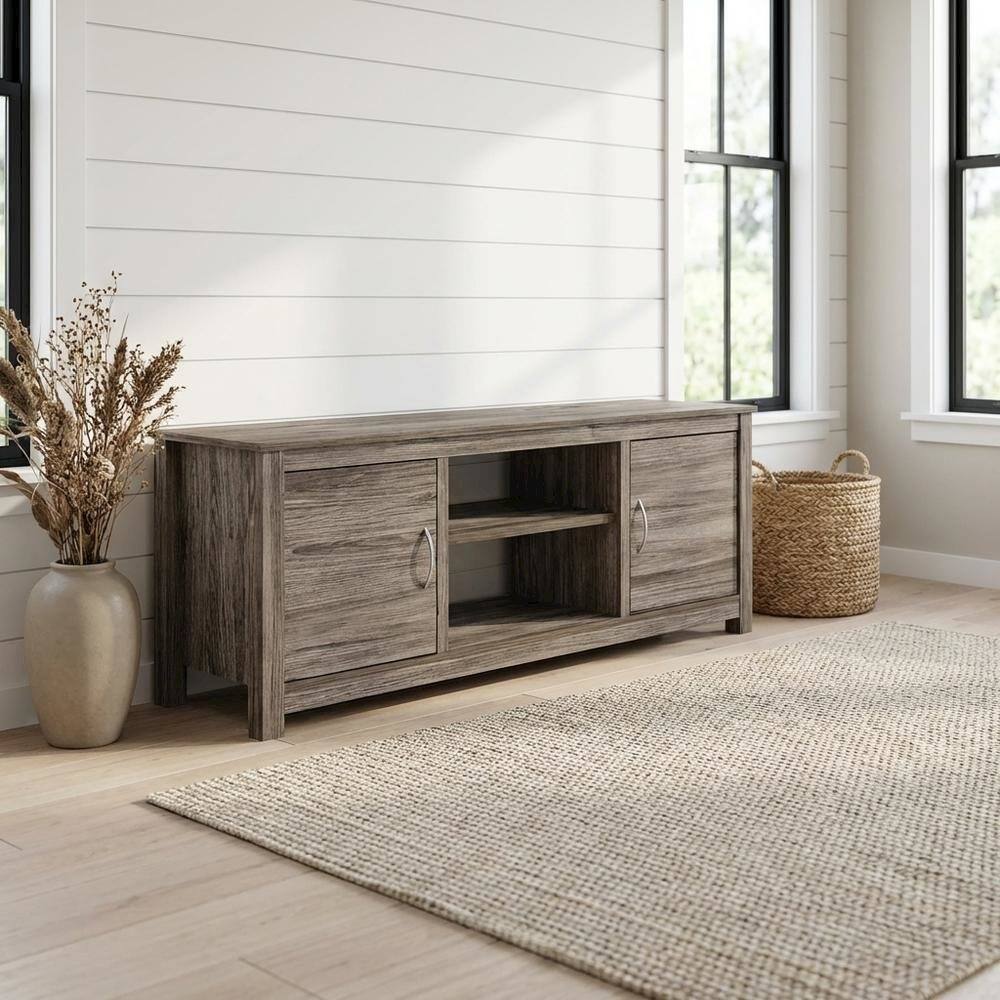Alt View 1. FurniFact - Wooden TV stand with rustic oak finish for up to 65-inch screens, ample storage - Beige Gray.