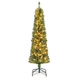 Costway - 5 FT Pencil Christmas Tree with 295 Memory Wire Branch Tips 110 LED Lights for Home - Green