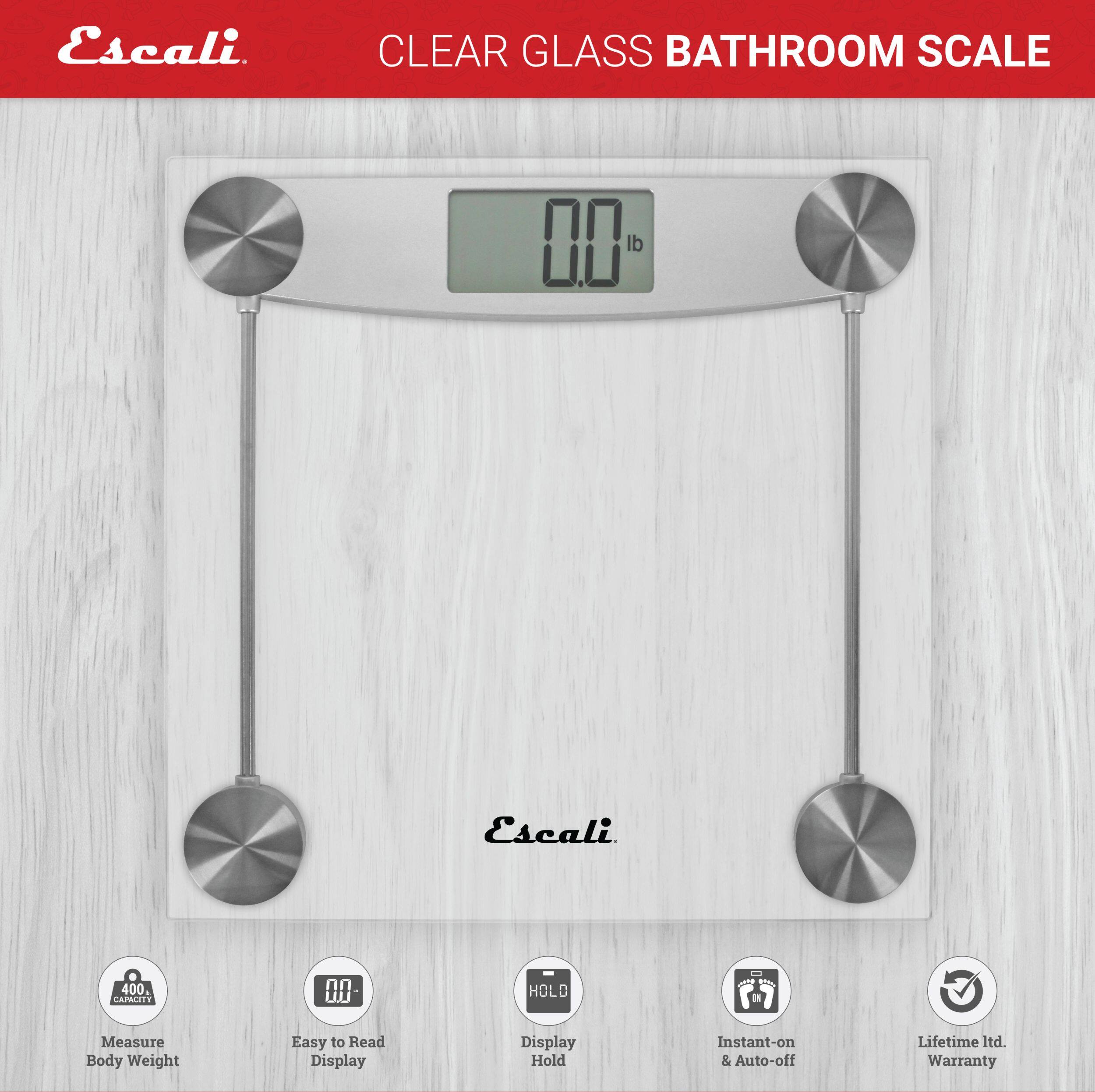 Escali. CLEAR GLASS BATHROOM SCALE 0 lb Escali 400. CAPACITY Measure Body Weight Easy to Read Display Display Hold Instant-on & Auto-off Lifetime Warranty