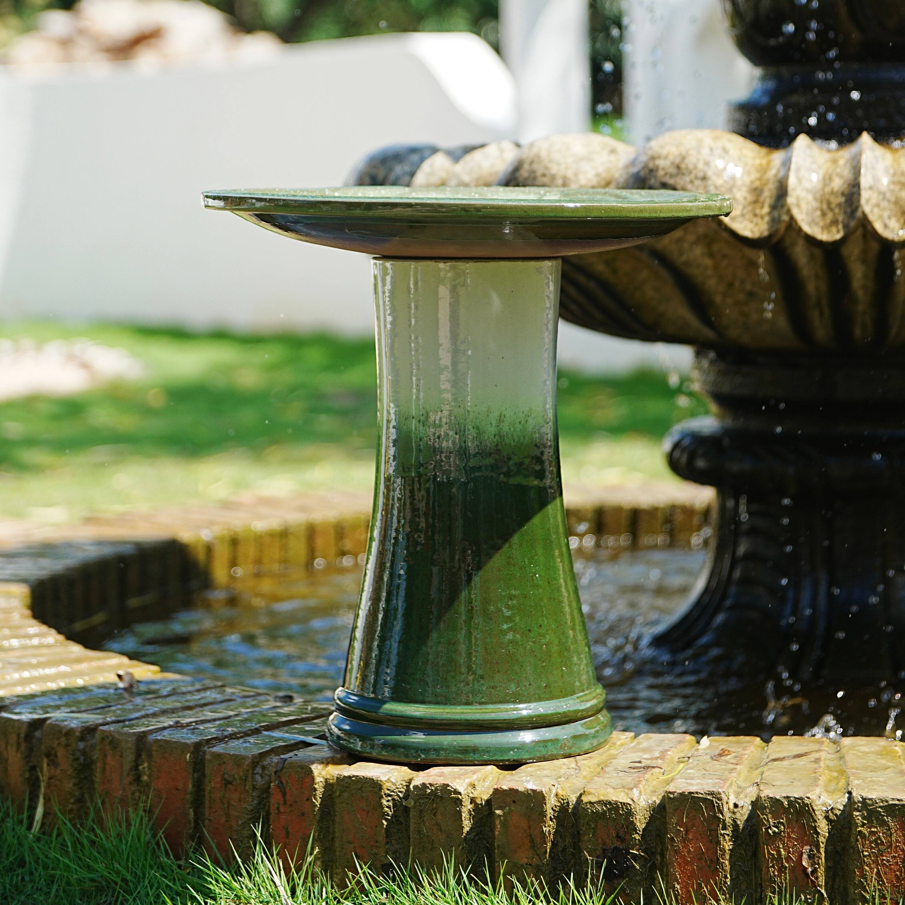Back. Loheer - 17 Inch Ceramic Bird Bath with Pedestal Base Handmade Glazed Birdbath for Garden Patio Yard - Grass Green + Ceramic.