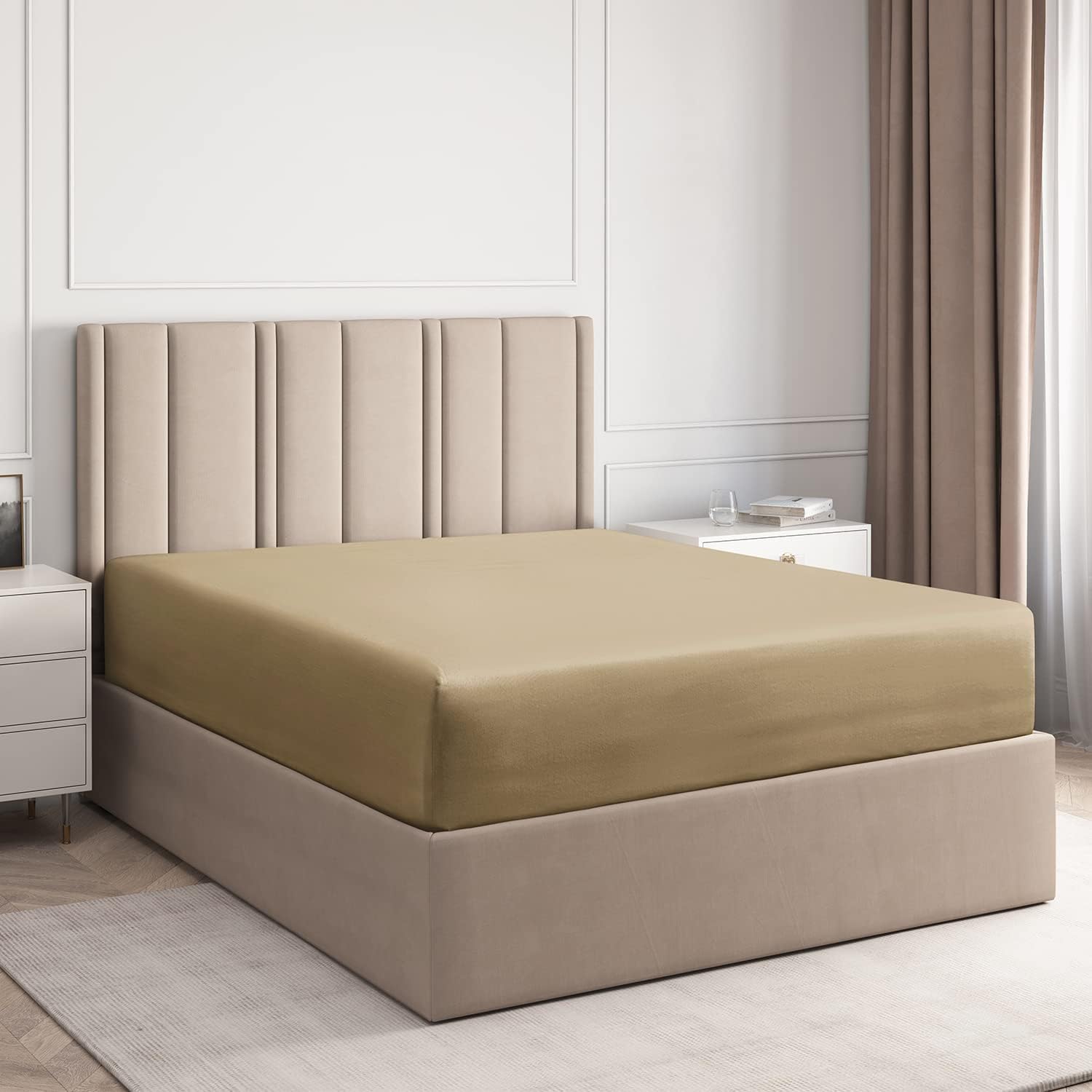 Front. CGK Linens - Premium Fitted Sheet Ultra Soft & Breathable - Deep Pocket for 8"-16" Mattresses - Queen - Beige.