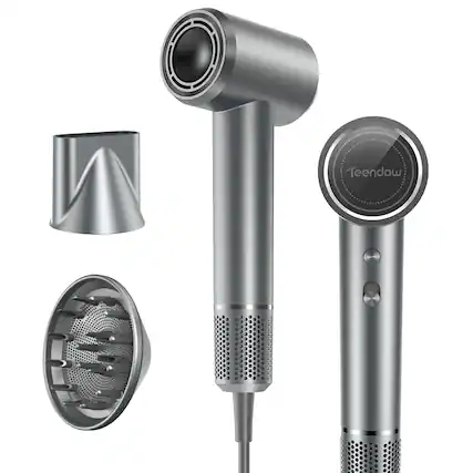 Front. Teendow - 150,000 RPM High-Speed Ionic Hair Dryer with 1500W Brushless Motor, 500M Negative Ions, Quiet & Lightweight - Silver.