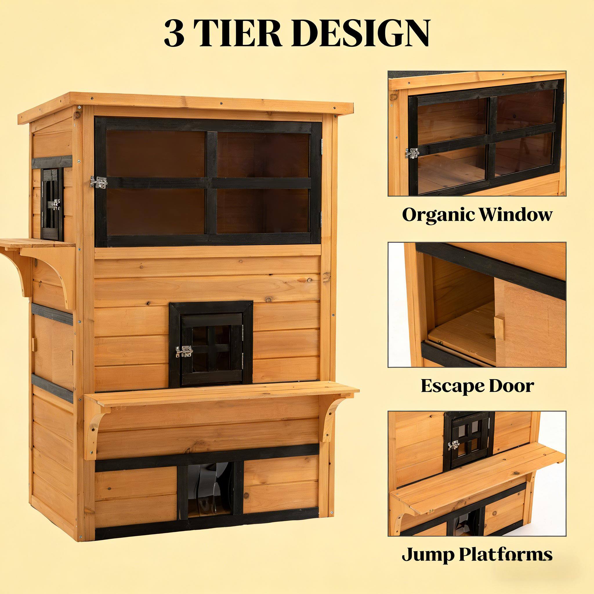 3 TIER DESIGN

- Organic Window
- Escape Door
- Jump Platforms