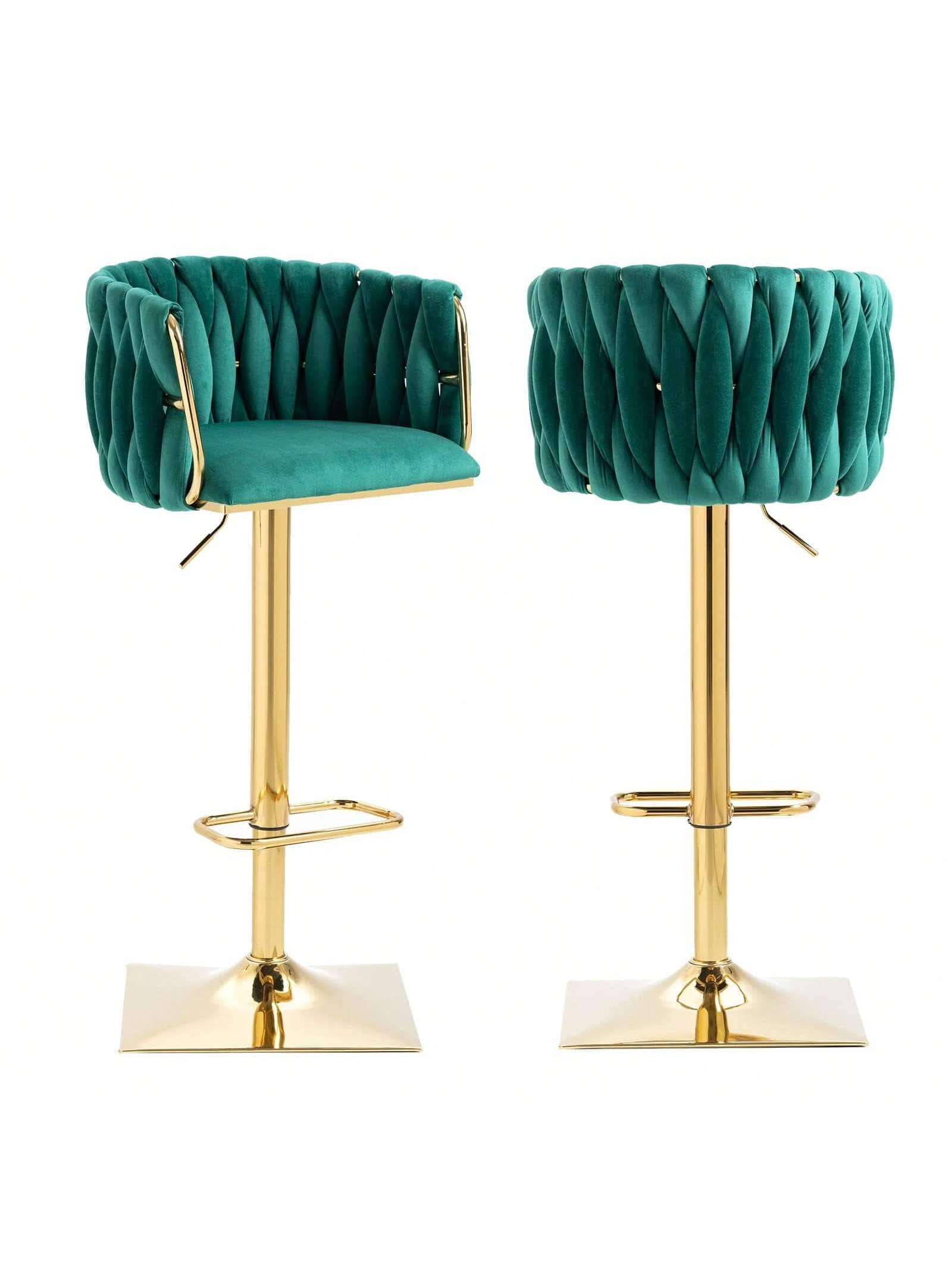 Trinkets Crazed - Swivel Velvet Bar Stool Set Of 2, Adjustable Comfy Counter Height Barstool, Modern Dining Chair With Woven Back - Green