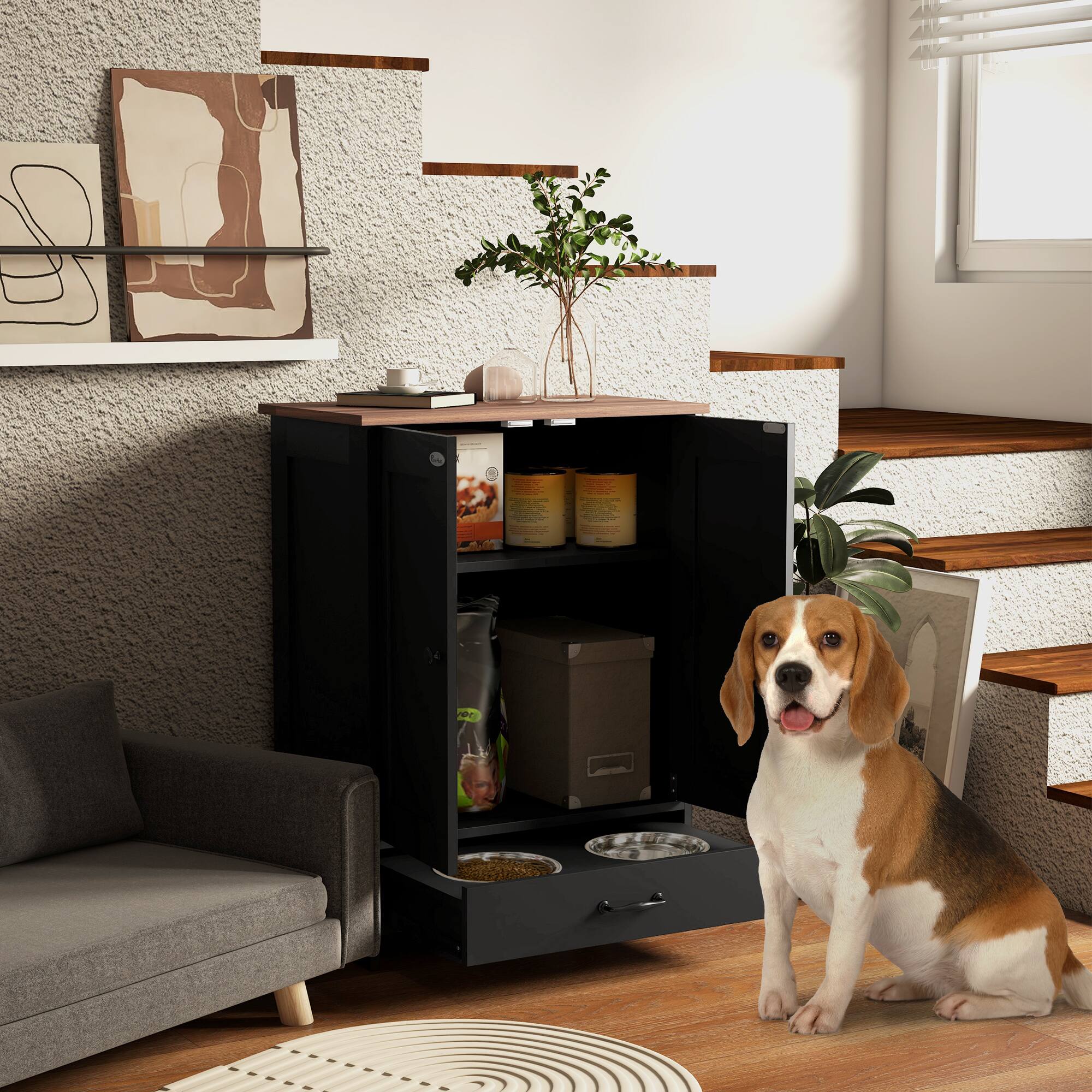 Angle. Pawhut - Dog Food Storage Cabinet, Dog Feeding Station with 2 Bowls, Adjustable Panel, Hook, Medium Sized Dogs - Black.