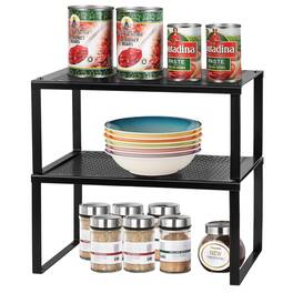 Oumilen - Black Stackable 2-Tier Kitchen Cabinet Organizer Shelves, Metal Countertop Storage Rack with Mesh Top - Black