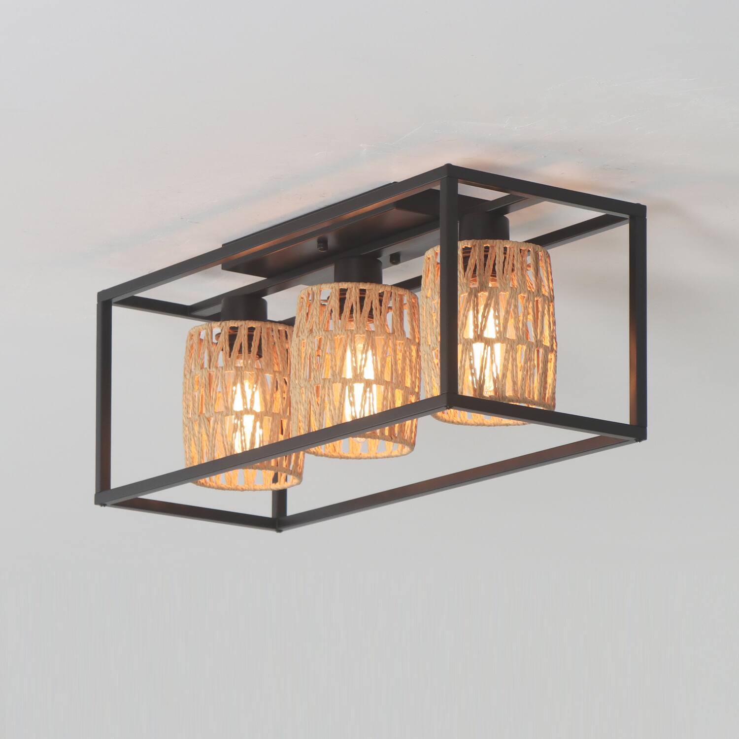 Alt View 6. Umeiluce - 3 Lights Handmade Woven Paper Flush Mount light Farmhouse Style Light - Black and brown.