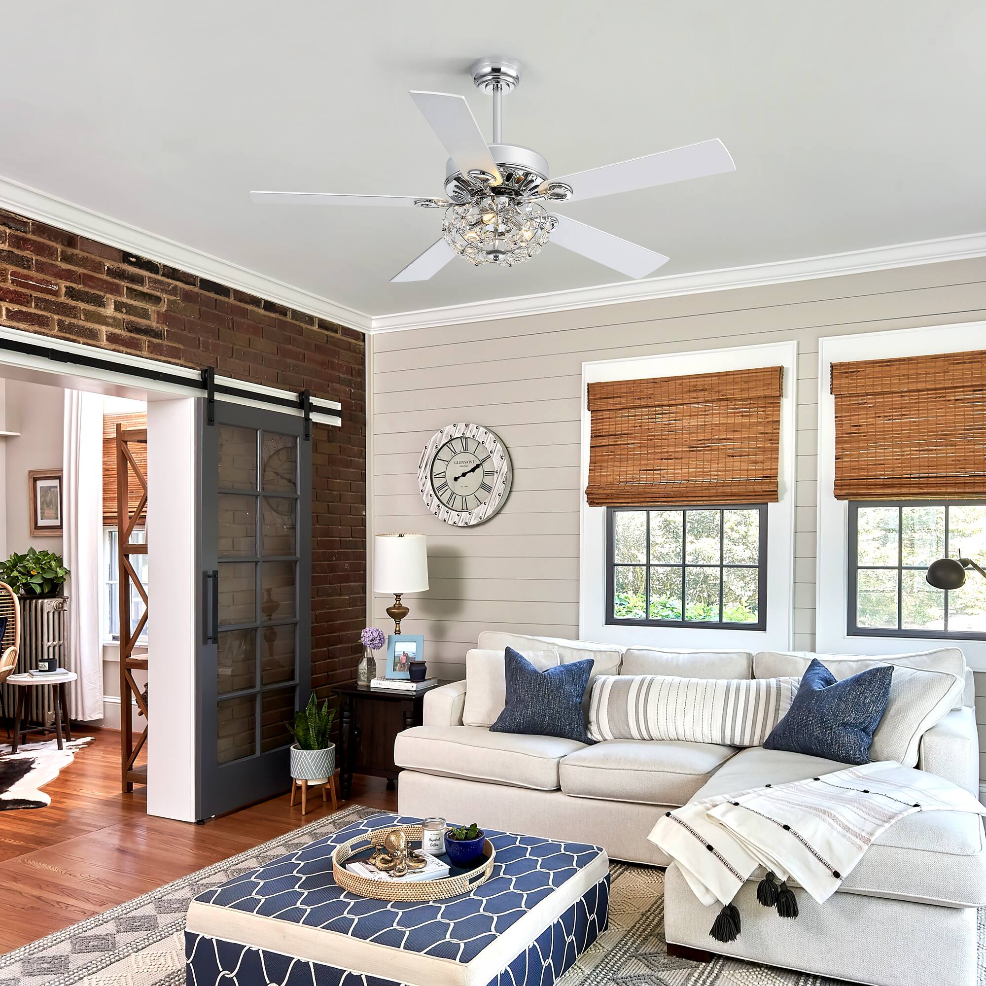 Alt View 2. Breezary - 52-Inch Crystal Chandelier Ceiling Fan with 5 Reversible Blades, 6-Speed Remote, Timer, 5"/10" Downrod Mount - chrome and silver.