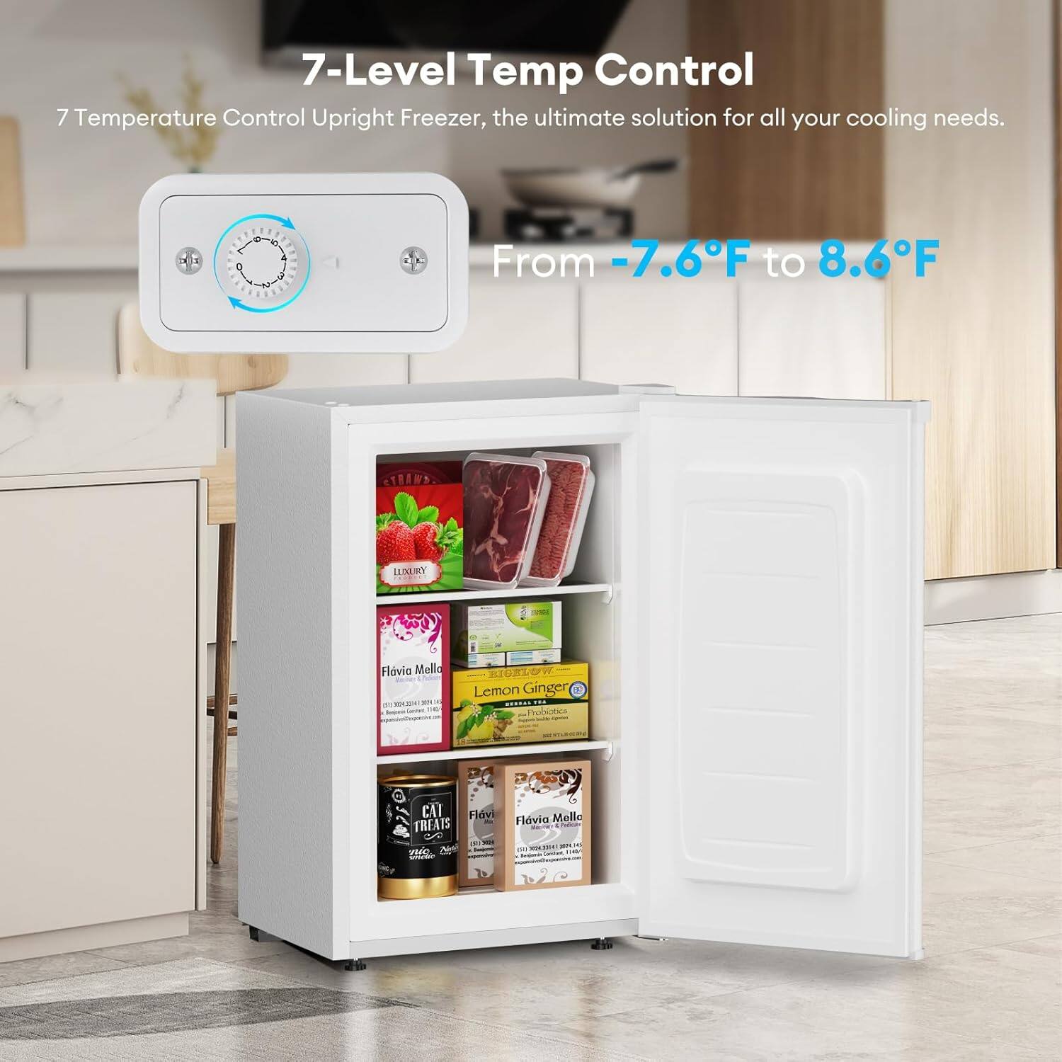 7-Level Temp Control  
7 Temperature Control Upright Freezer, the ultimate solution for all your cooling needs.  
From -7.6°F to 8.6°F