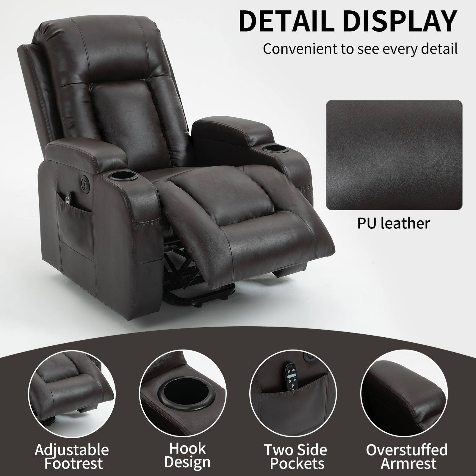 DETAIL DISPLAY, Convenient to see every detail, PU leather, Adjustable Footrest, Hook Design, Two Side Pockets, Overstuffed Armrest