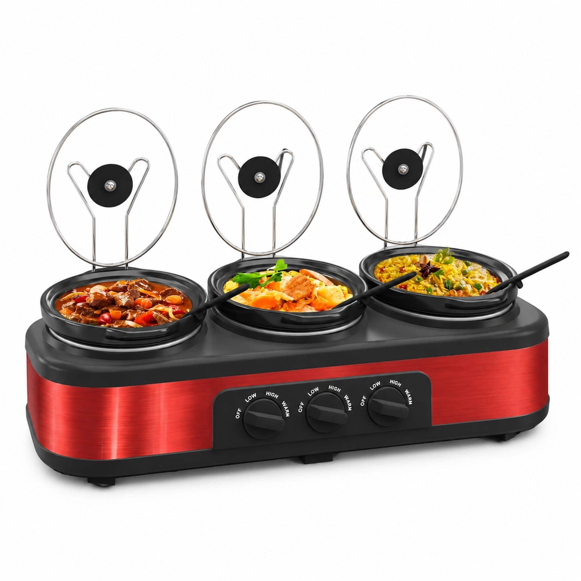 RYHNUYNE - Triple Slow Cooker Buffet Food Warmer, 3 x 1.5 QT Ceramic Pots, Glass Lids, 3 Spoons, Stainless Steel - Red