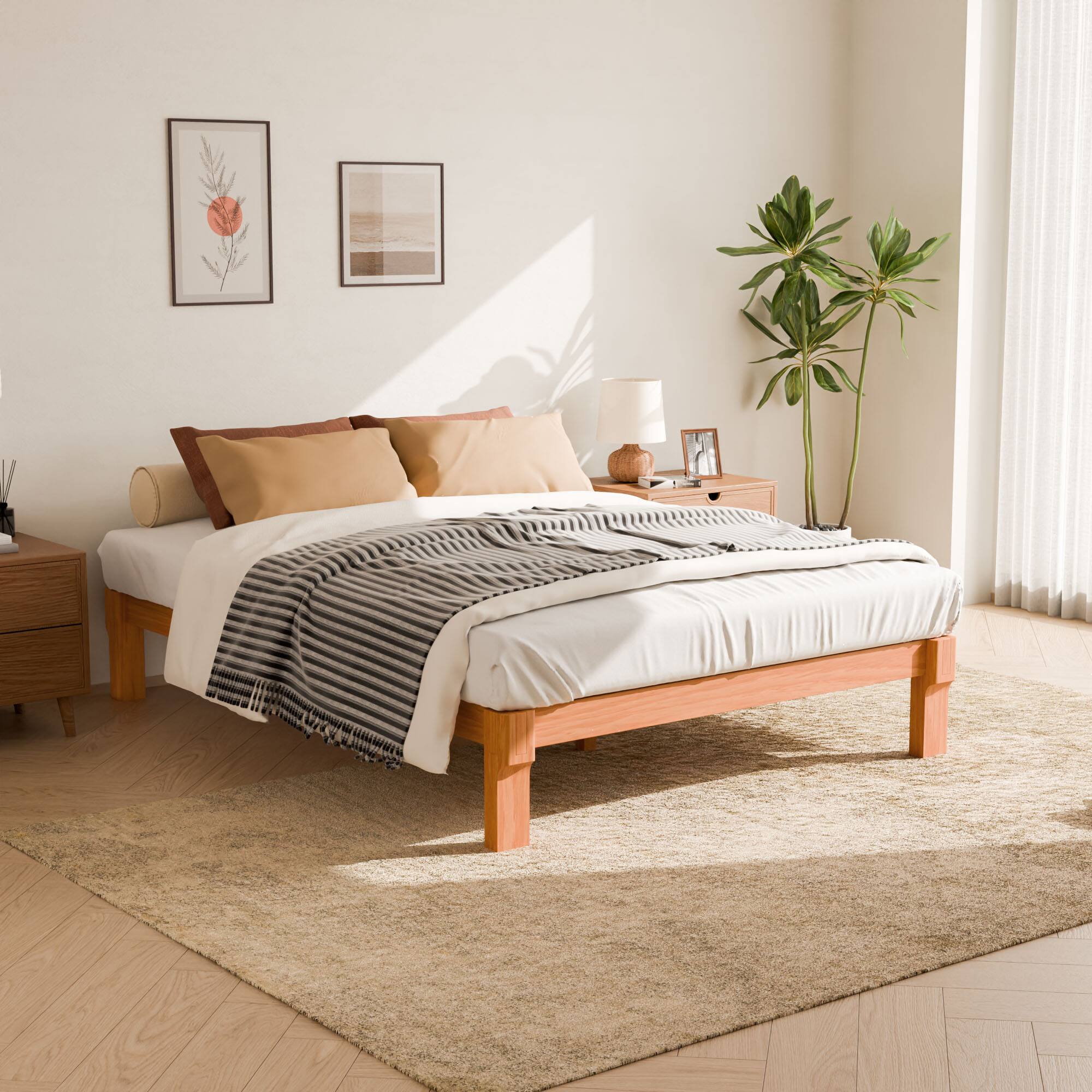FlexiSpot Kana Japanese Joinery Solid Wood Platform Bed Frame Oak
