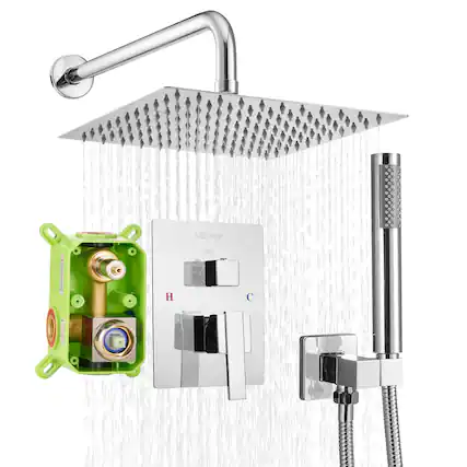 Front. VEVOR - Shower Faucet Set, Rainfall Bathroom Shower System with 10-Inch Square Rain Shower Head and Handheld Spray, Wall Mounted - Silver.