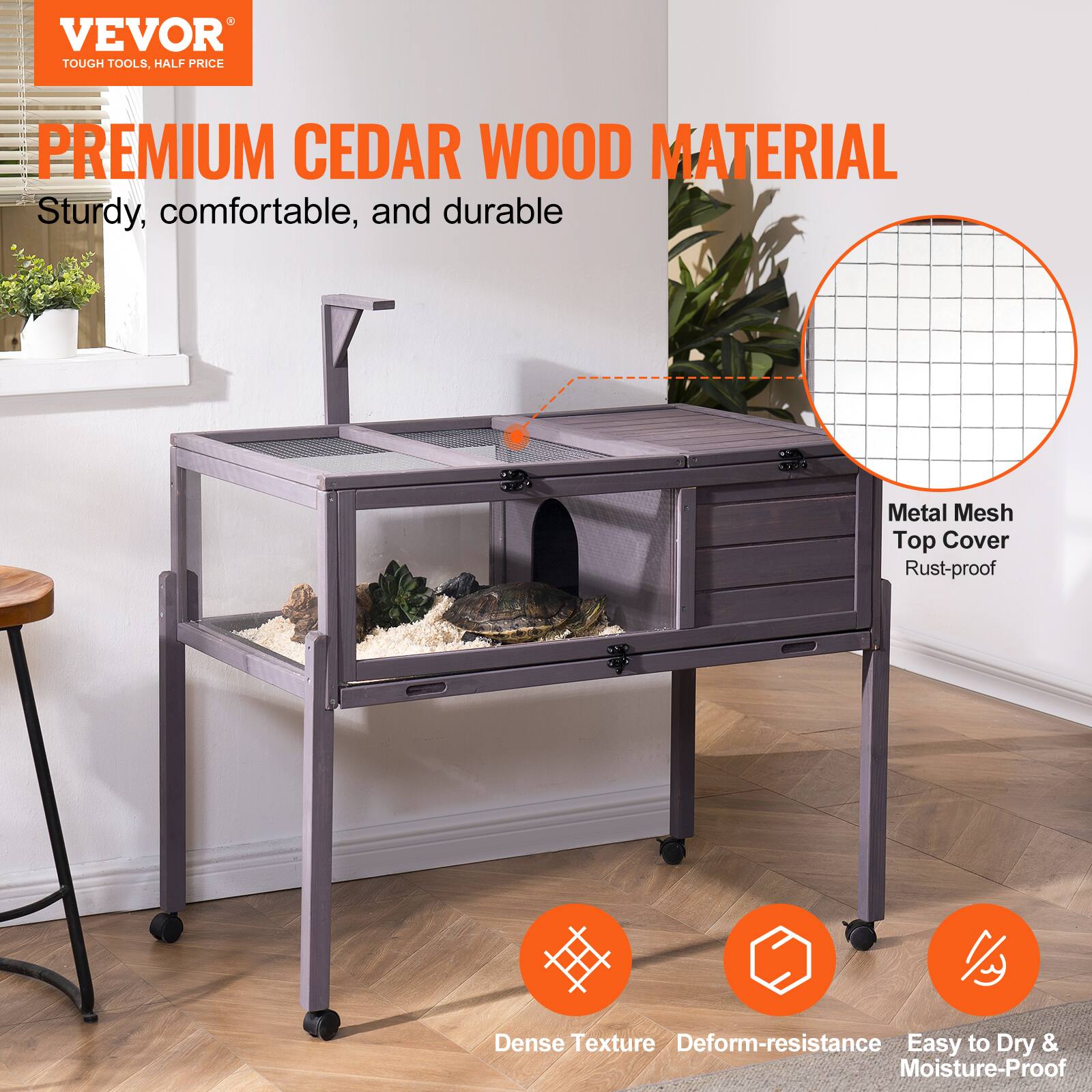 VEVOR  
TOUGH TOOLS, HALF PRICE  

PREMIUM CEDAR WOOD MATERIAL  
Sturdy, comfortable, and durable  

Metal Mesh Top Cover  
Rust-proof  

Dense Texture  
Deform-resistance  
Easy to Dry & Moisture-Proof