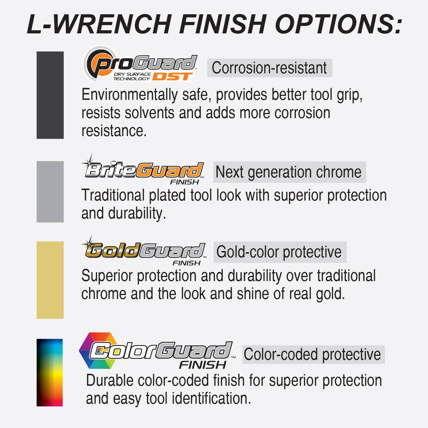 L-WRENCH FINISH OPTIONS:

- **ProGuard**  
  Corrosion-resistant  
  Environmentally safe, provides better tool grip, resists solvents and adds more corrosion resistance.

- **BriteGuard**  
  Next generation chrome  
  Traditional plated tool look with superior protection and durability.

- **GoldGuard**  
  Gold-color protective  
  Superior protection and durability over traditional chrome and the look and shine of real gold.

- **ColorGuard**  
  Color-coded protective  
  Durable color-coded finish for superior protection and easy tool identification.