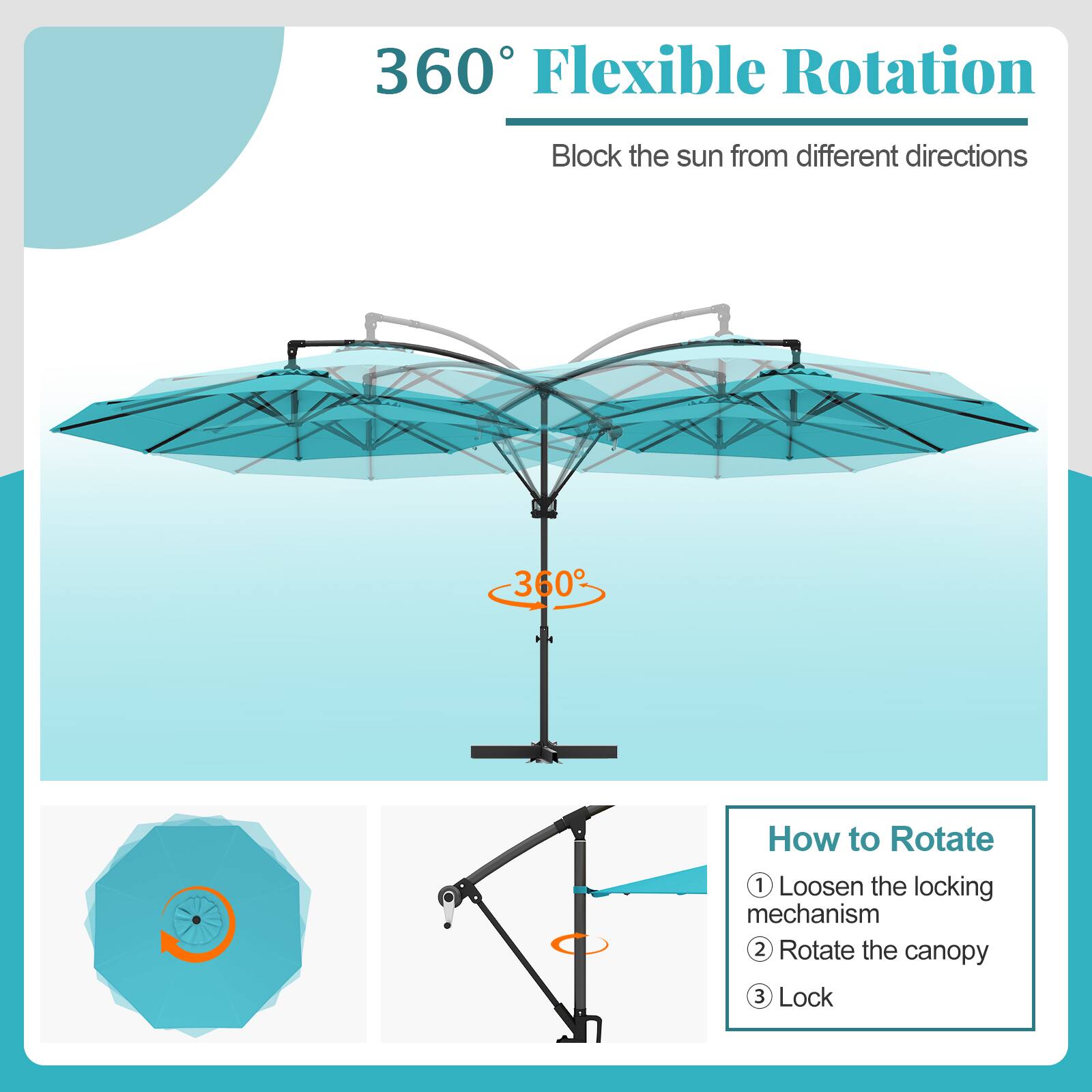 360° Flexible Rotation
Block the sun from different directions

How to Rotate
1. Loosen the locking mechanism
2. Rotate the canopy
3. Lock
