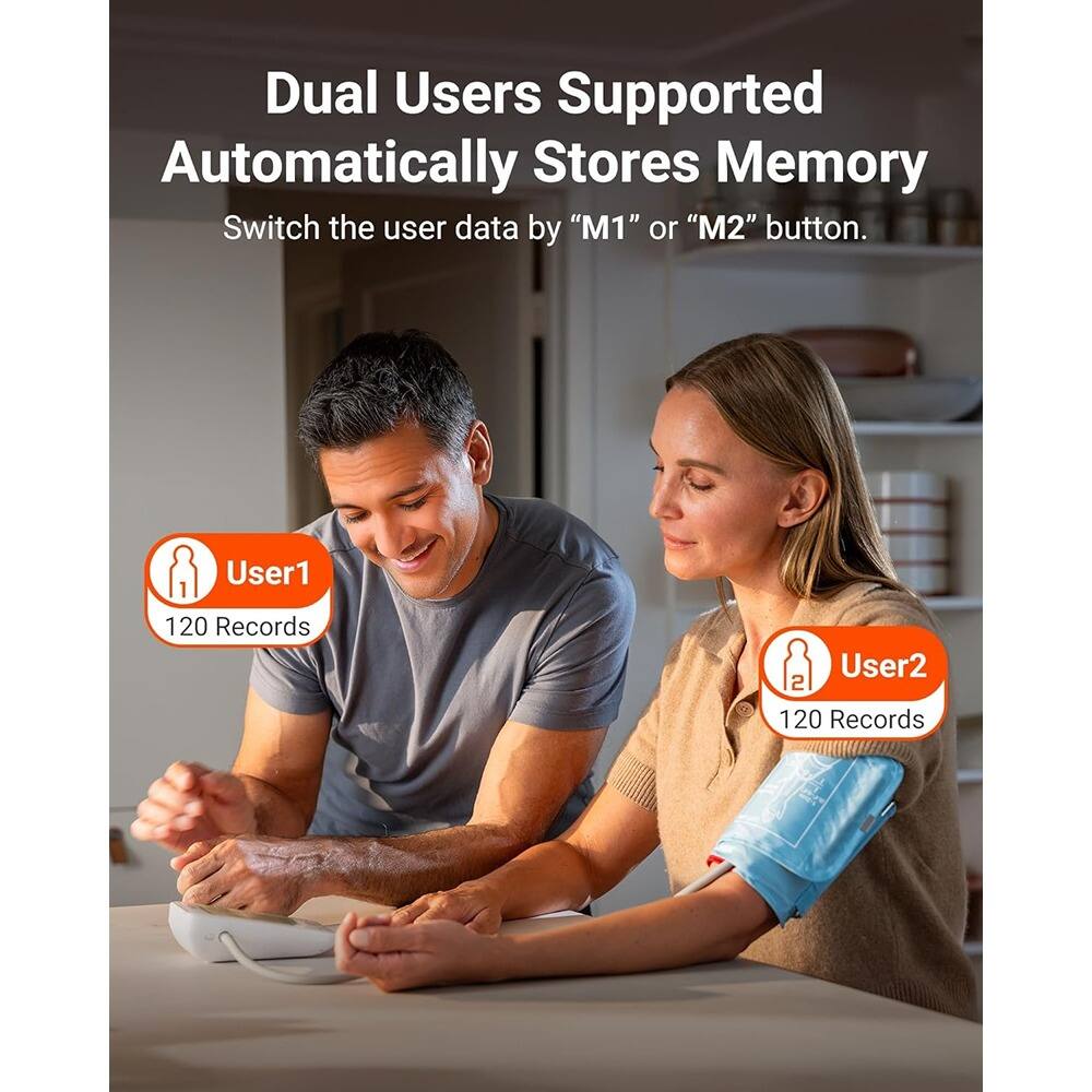Dual Users Supported  
Automatically Stores Memory  

Switch the user data by "M1" or "M2" button.  

User1  
120 Records  

User2  
120 Records