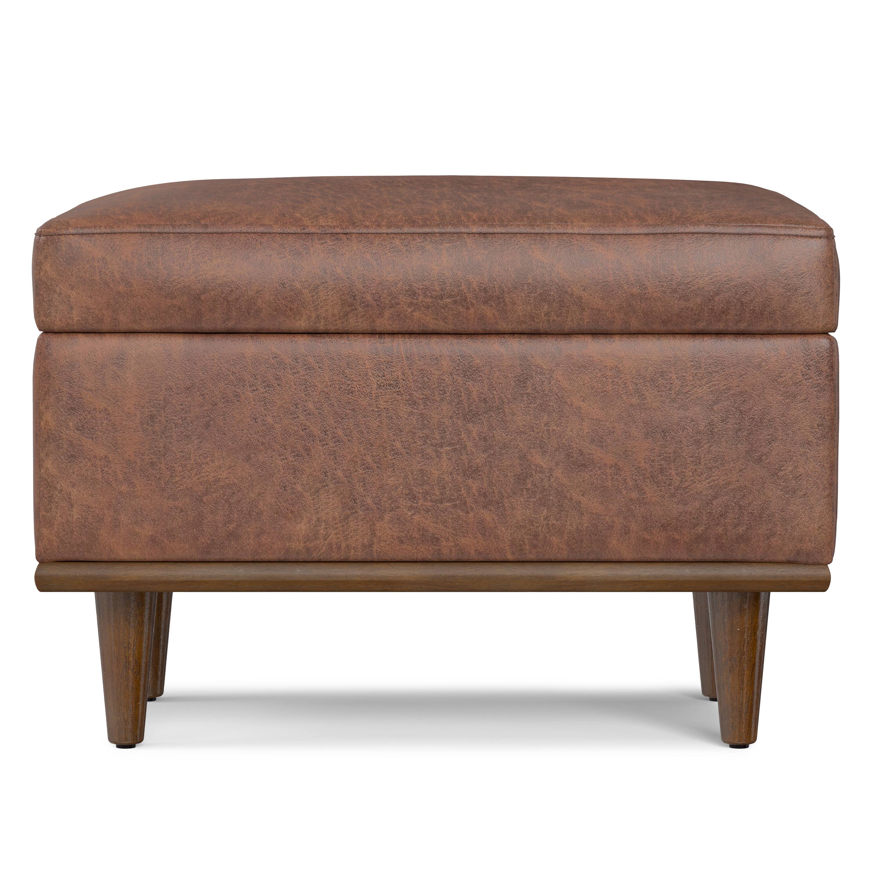 Left. Simpli Home - Shiloh 26 inch Transitional Contemporary Small Storage Ottoman in Distressed Saddle Brown Vegan Faux Leather, Assembled - Distressed Saddle Brown.