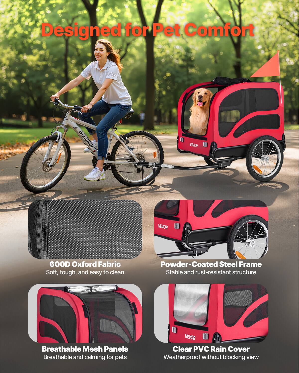 Designed for Pet Comfort

- 600D Oxford Fabric
  - Soft, tough, and easy to clean

- Powder-Coated Steel Frame
  - Stable and rust-resistant structure

- Breathable Mesh Panels
  - Breathable and calming for pets

- Clear PVC Rain Cover
  - Weatherproof without blocking view