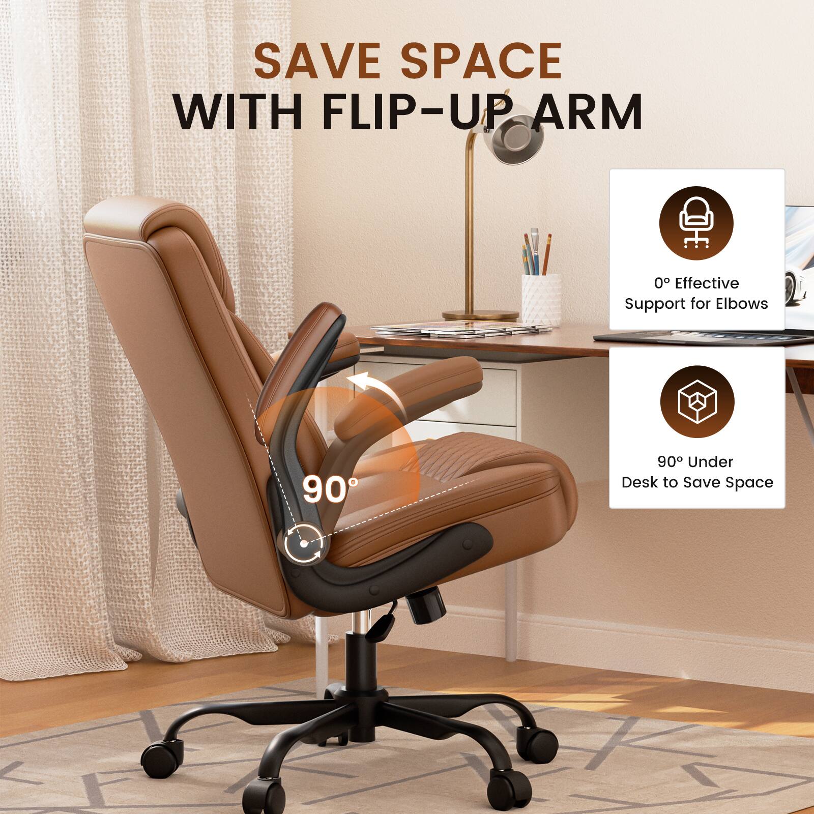 SAVE SPACE WITH FLIP-UP ARM

- 0° Effective Support for Elbows
- 90° Under Desk to Save Space