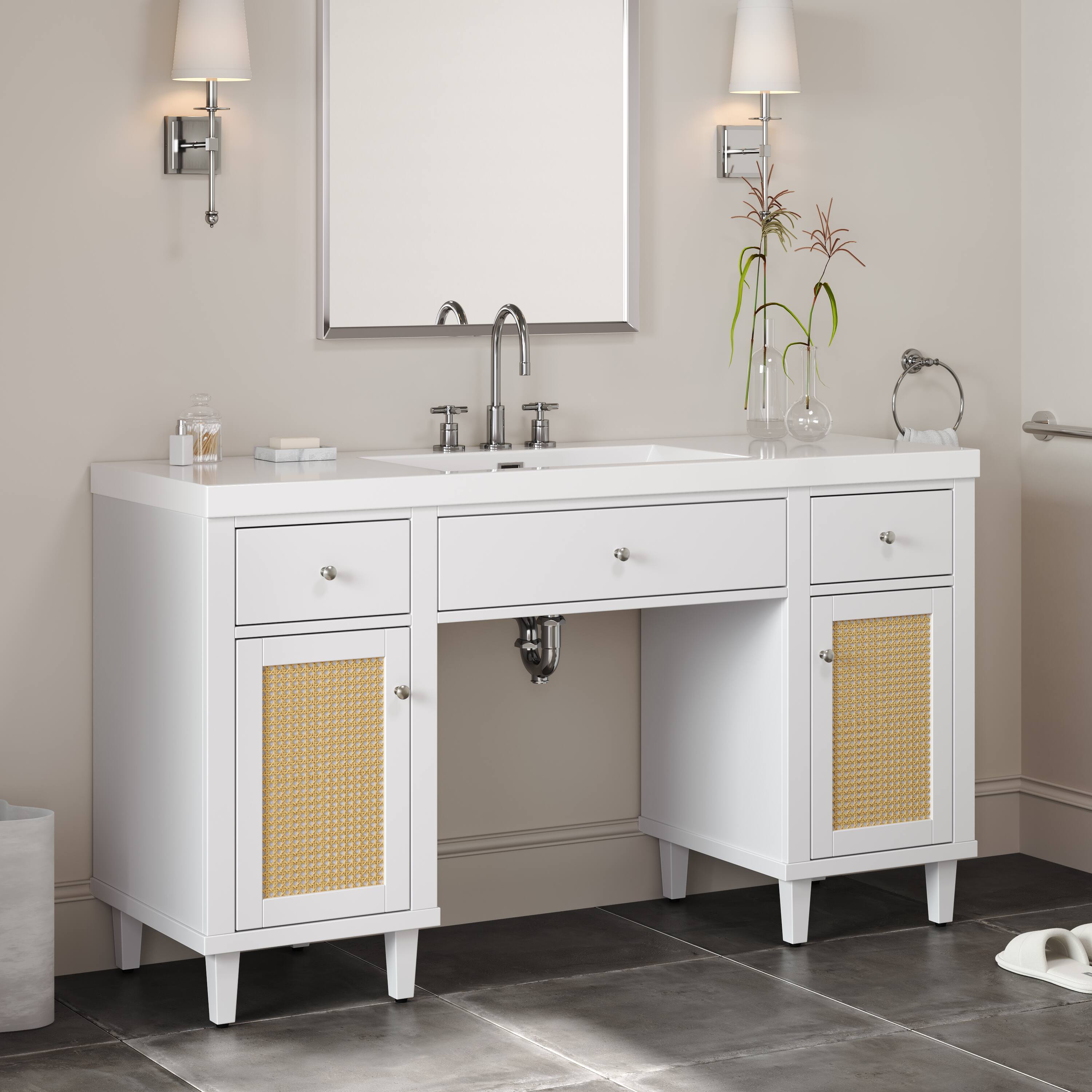 Left. Loheer - 5 ft White Bathroom Vanity with SMC Sink, Soft-Close Drawers, Tip-Out Tray, Spacious Storage - White.