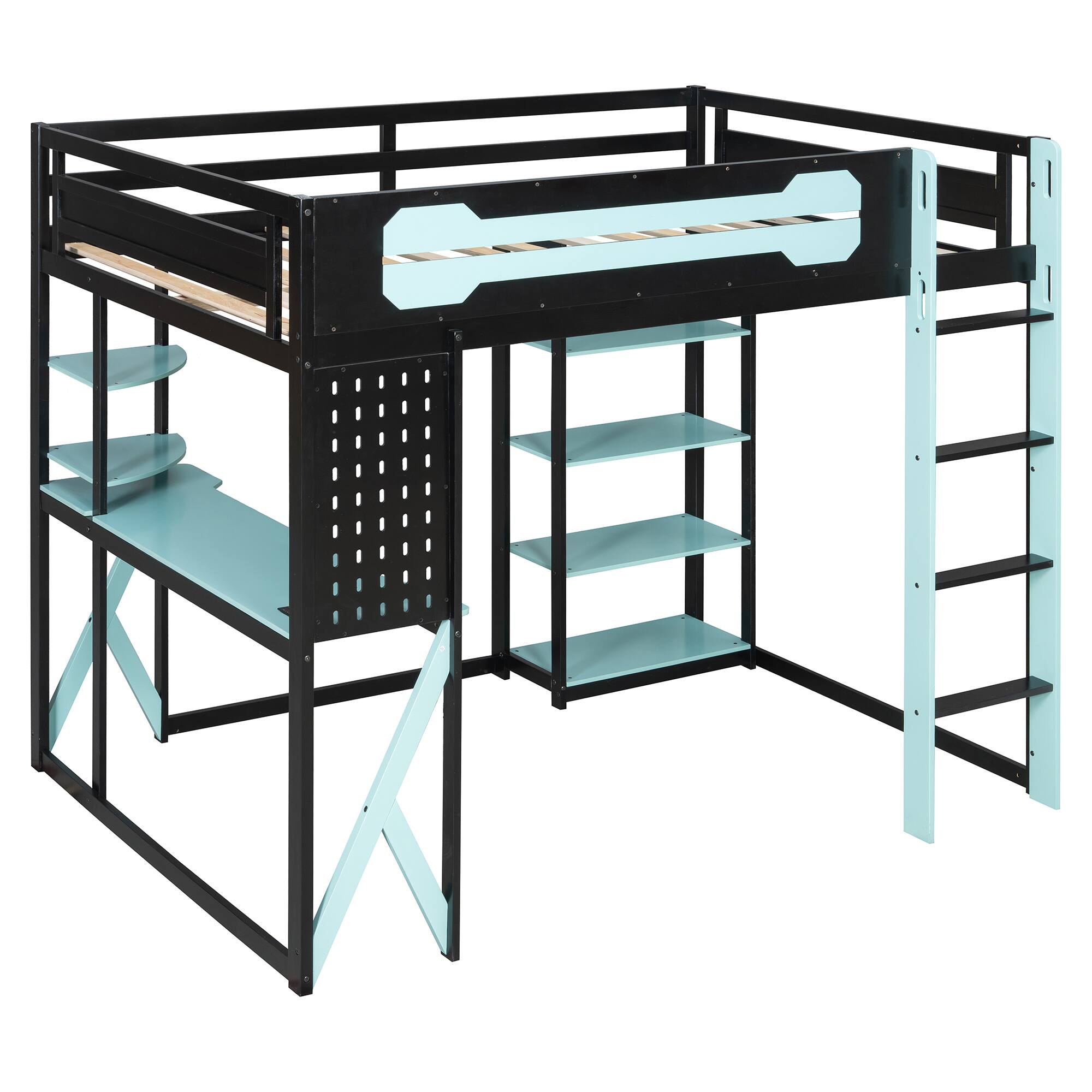 Alt View 1. Anysun - Full Size Wood Loft Bed with Desk, Shelves, Power Outlet & USB/Type-C Ports, and RGB Light - Blue.